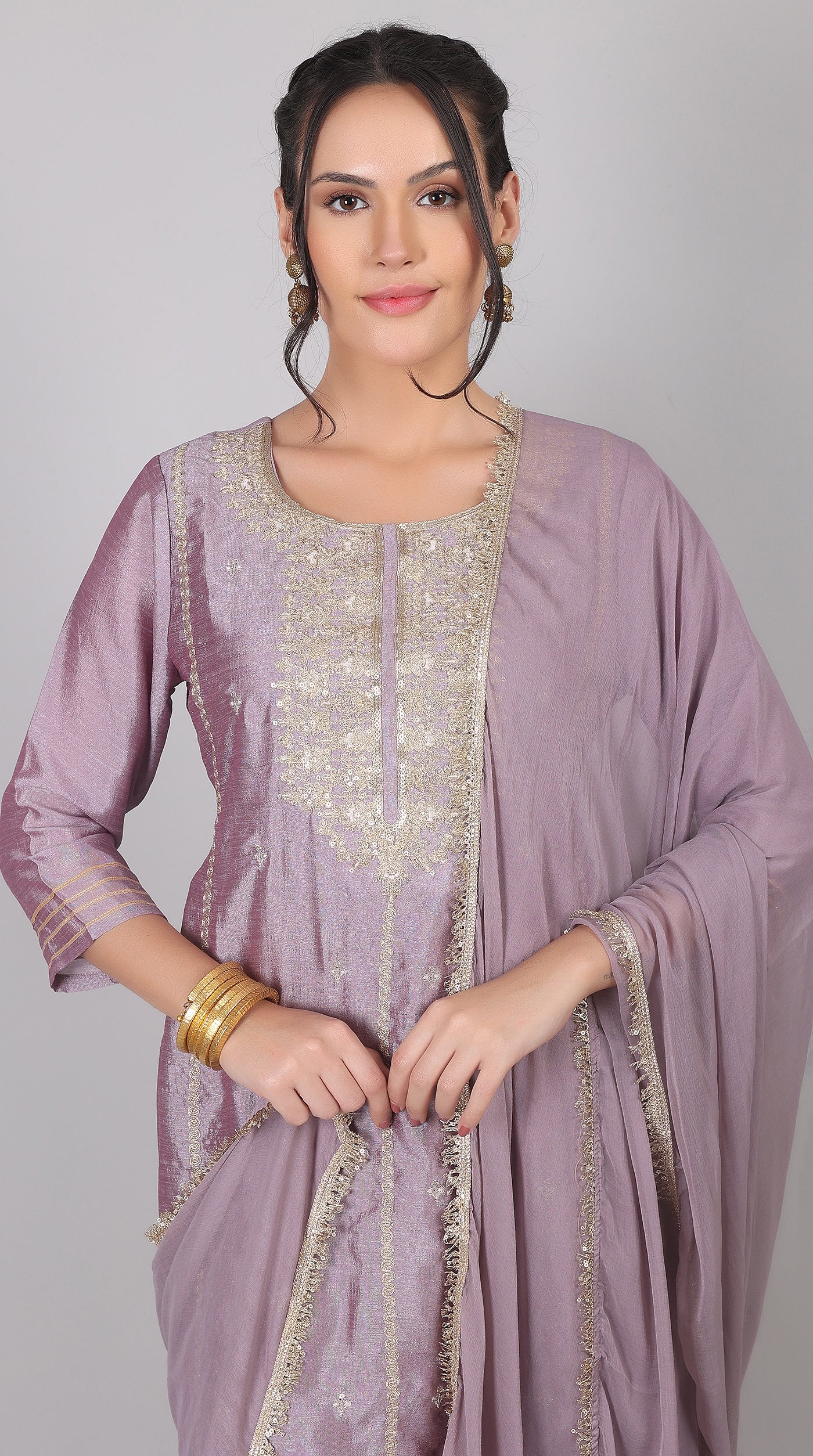Lilac Georgette Vichitra Zari Embroidered Gharara Set with Dupatta