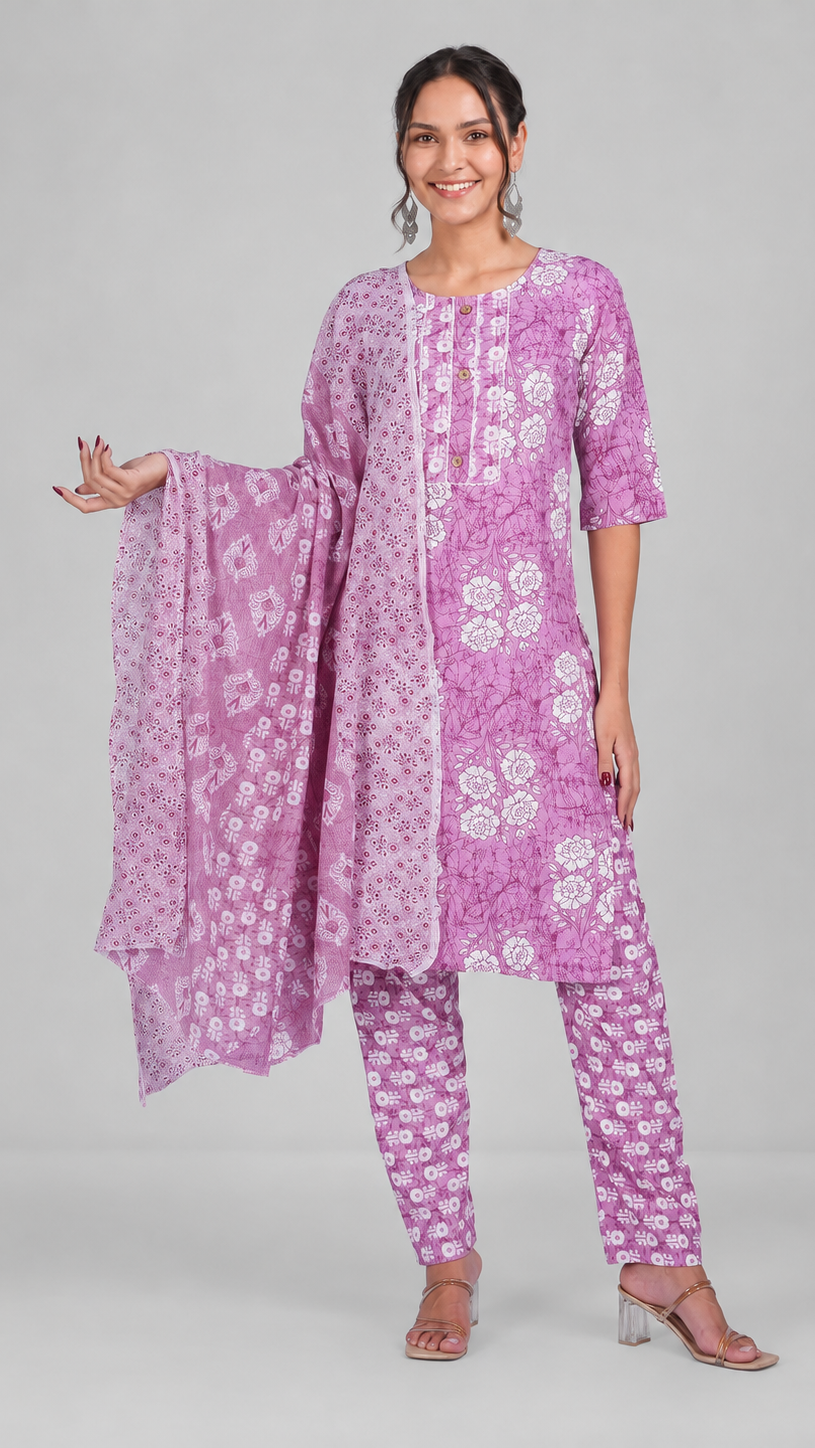 Mauve floral printed salwar kameez suit with matching straight trousers and printed dupatta