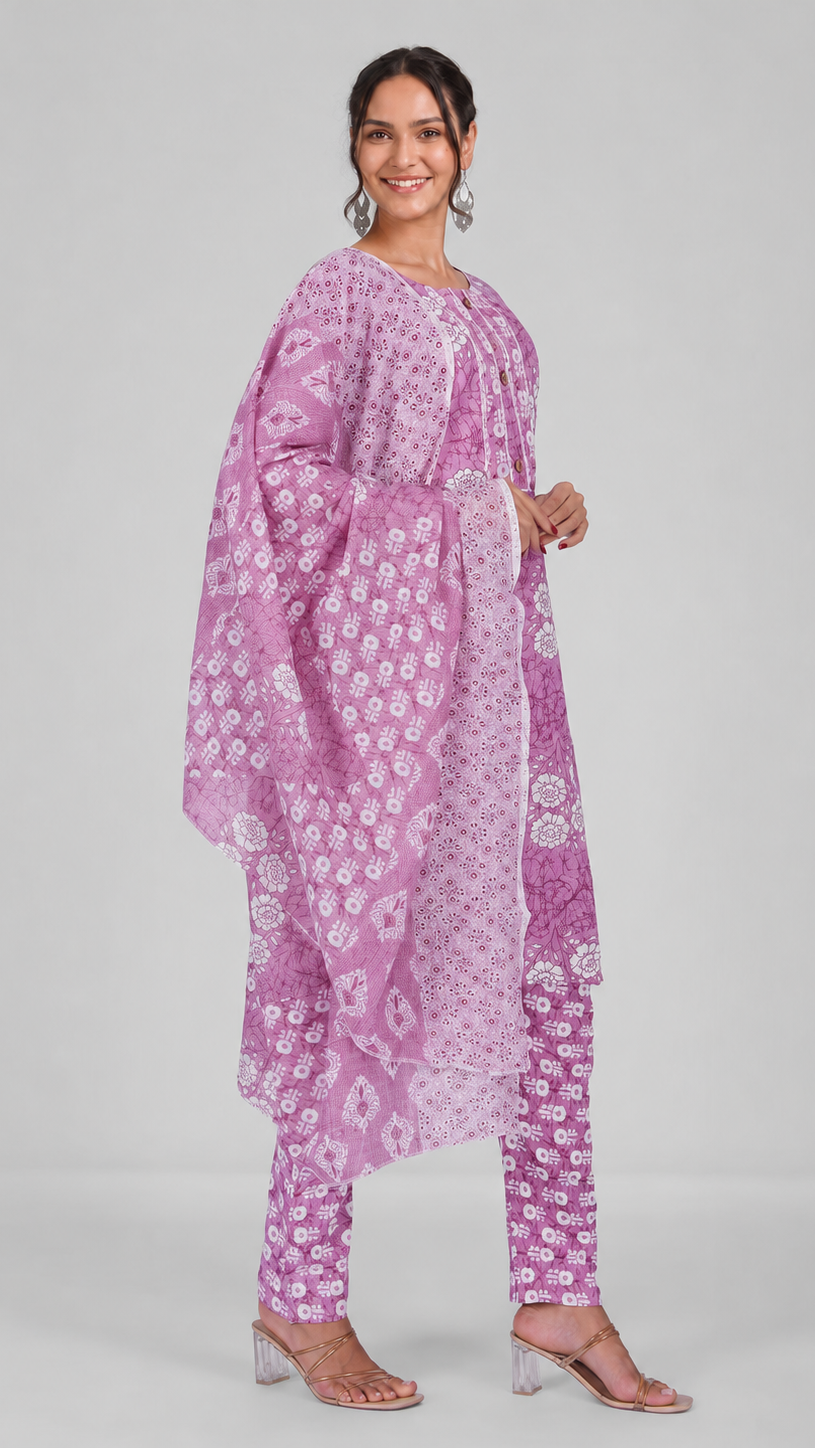 Mauve floral printed salwar kameez suit with matching straight trousers and printed dupatta