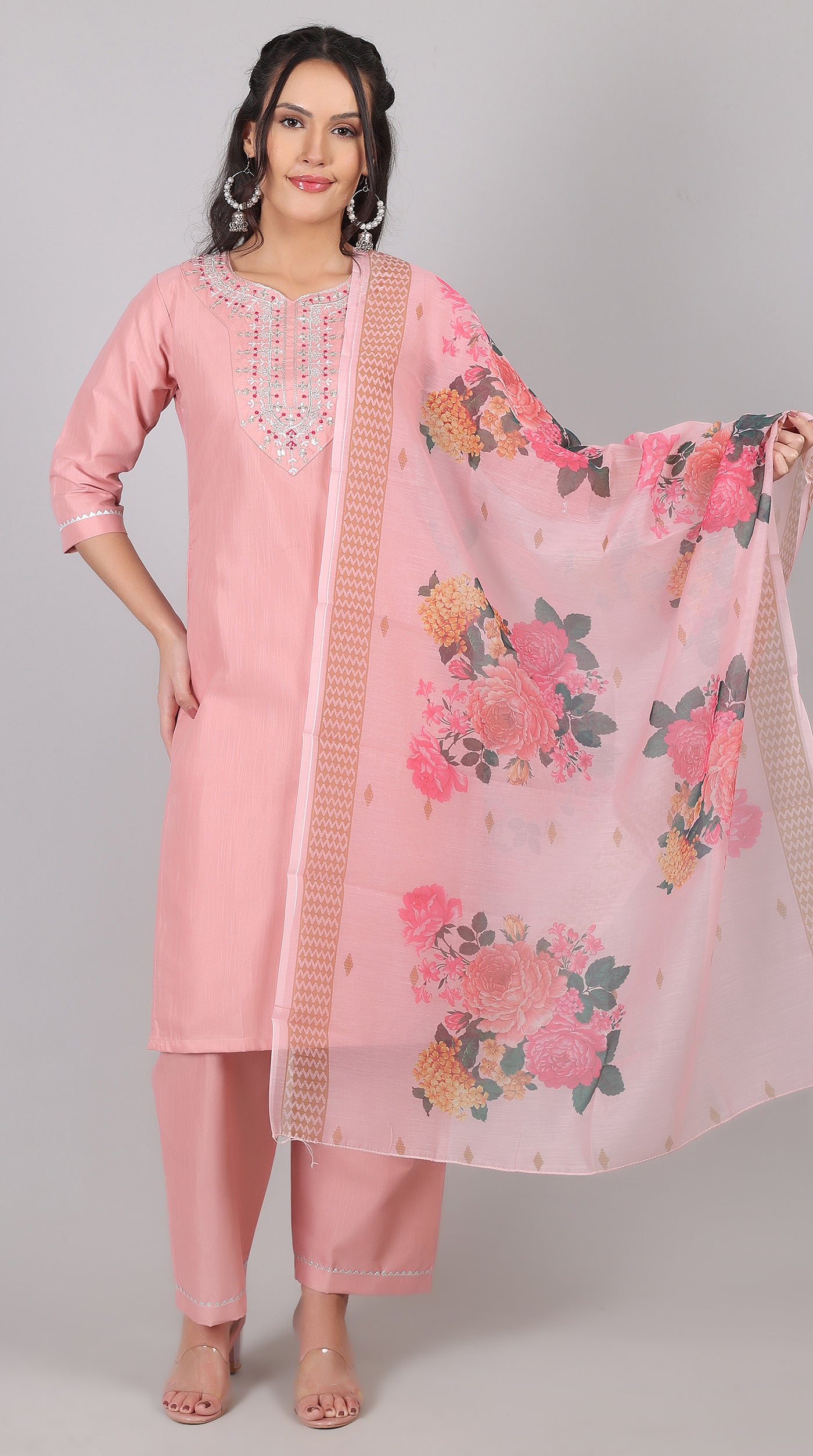 Pink Rayon Zari Embroidered Kurta Set with Printed Organza Dupatta