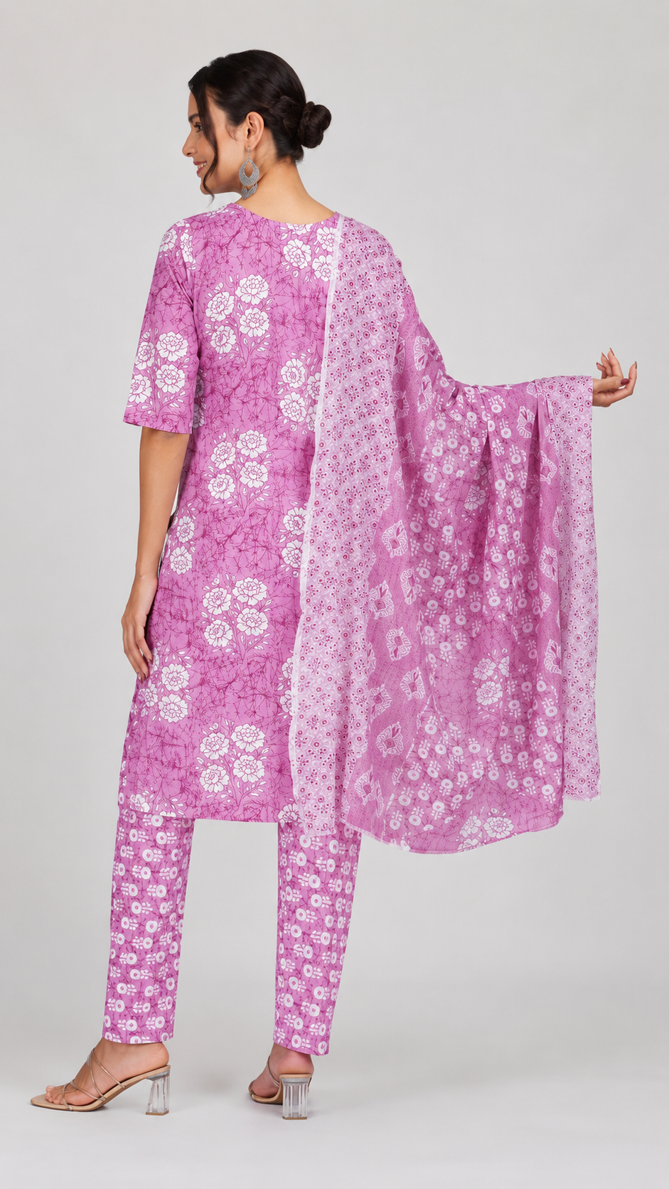Mauve floral printed salwar kameez suit with matching straight trousers and printed dupatta