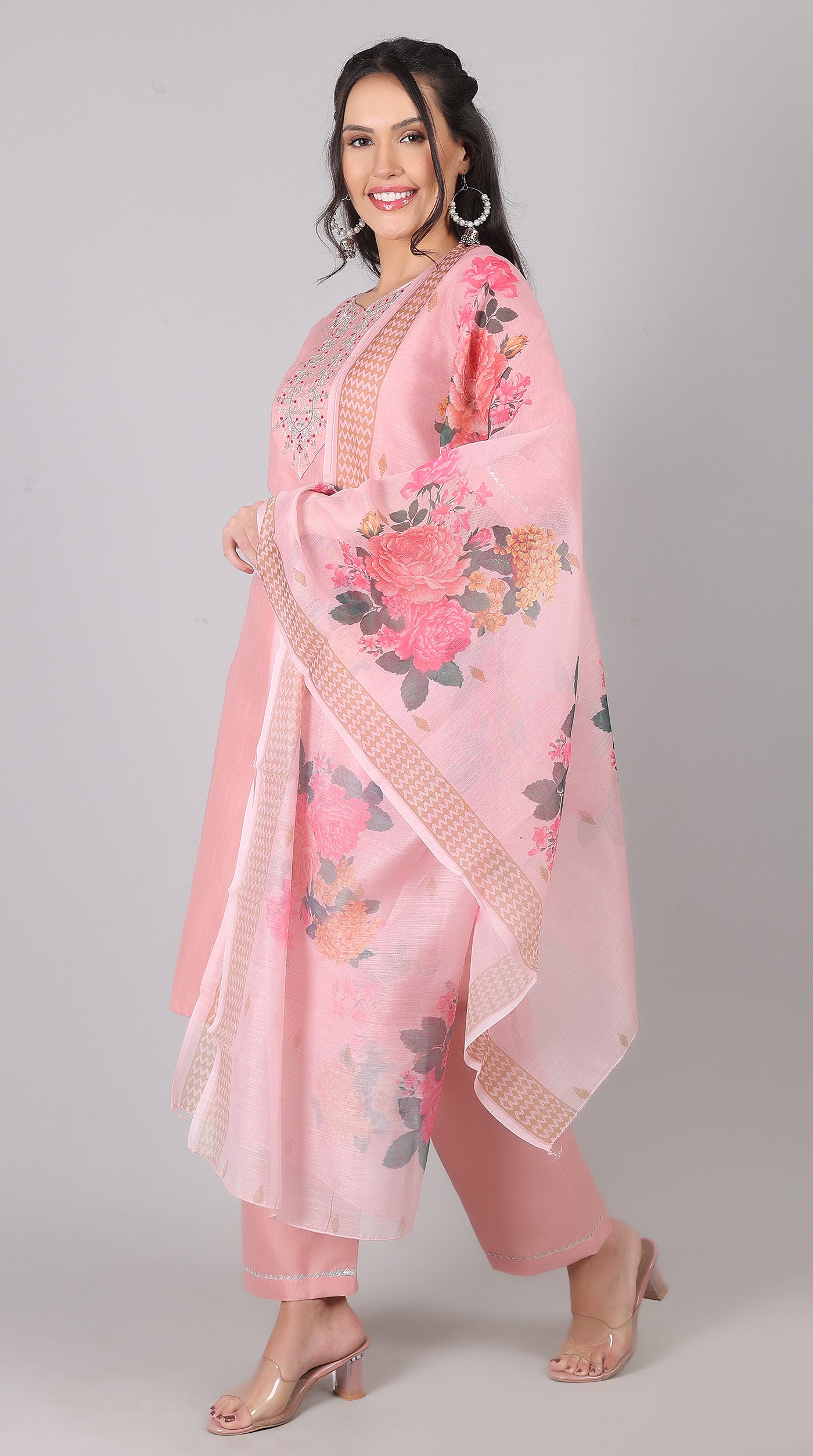 Pink Rayon Zari Embroidered Kurta Set with Printed Organza Dupatta
