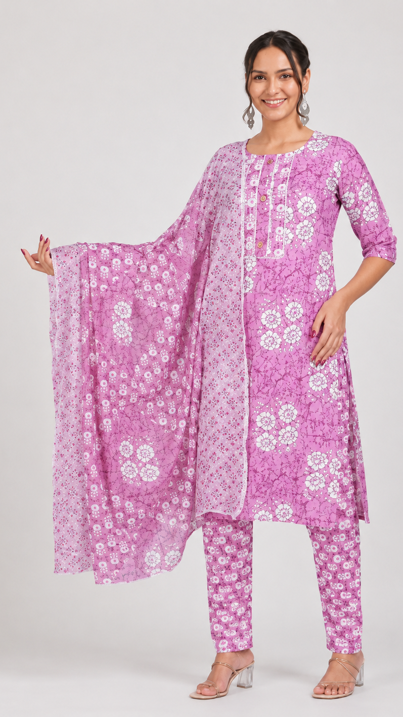 Mauve floral printed salwar kameez suit with matching straight trousers and printed dupatta