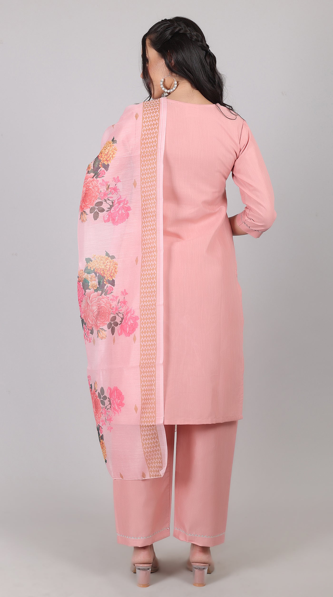 Pink Rayon Zari Embroidered Kurta Set with Printed Organza Dupatta