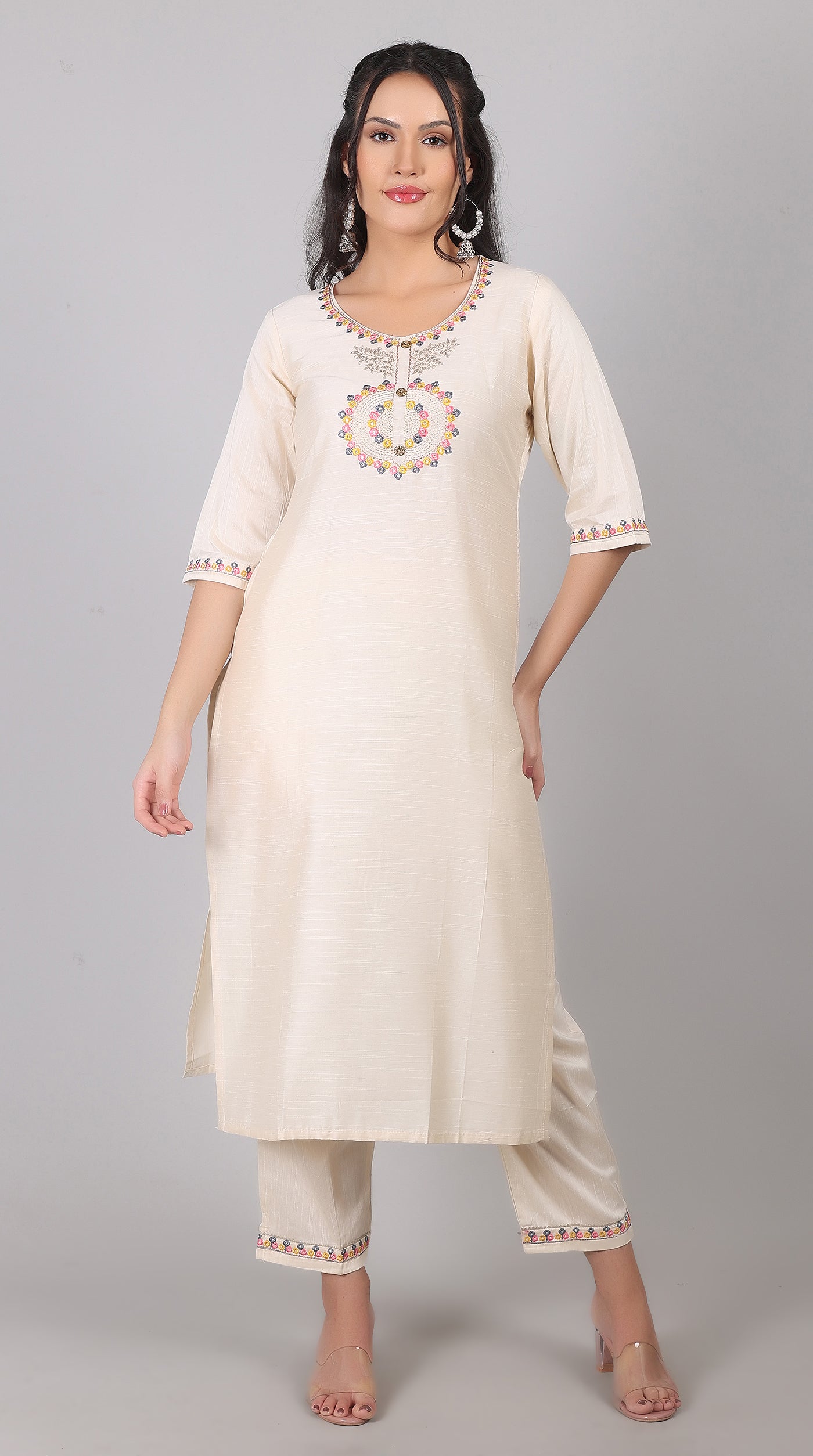 Ivory Rayon Zari Embroidered Kurta Set with Printed Organza Dupatta