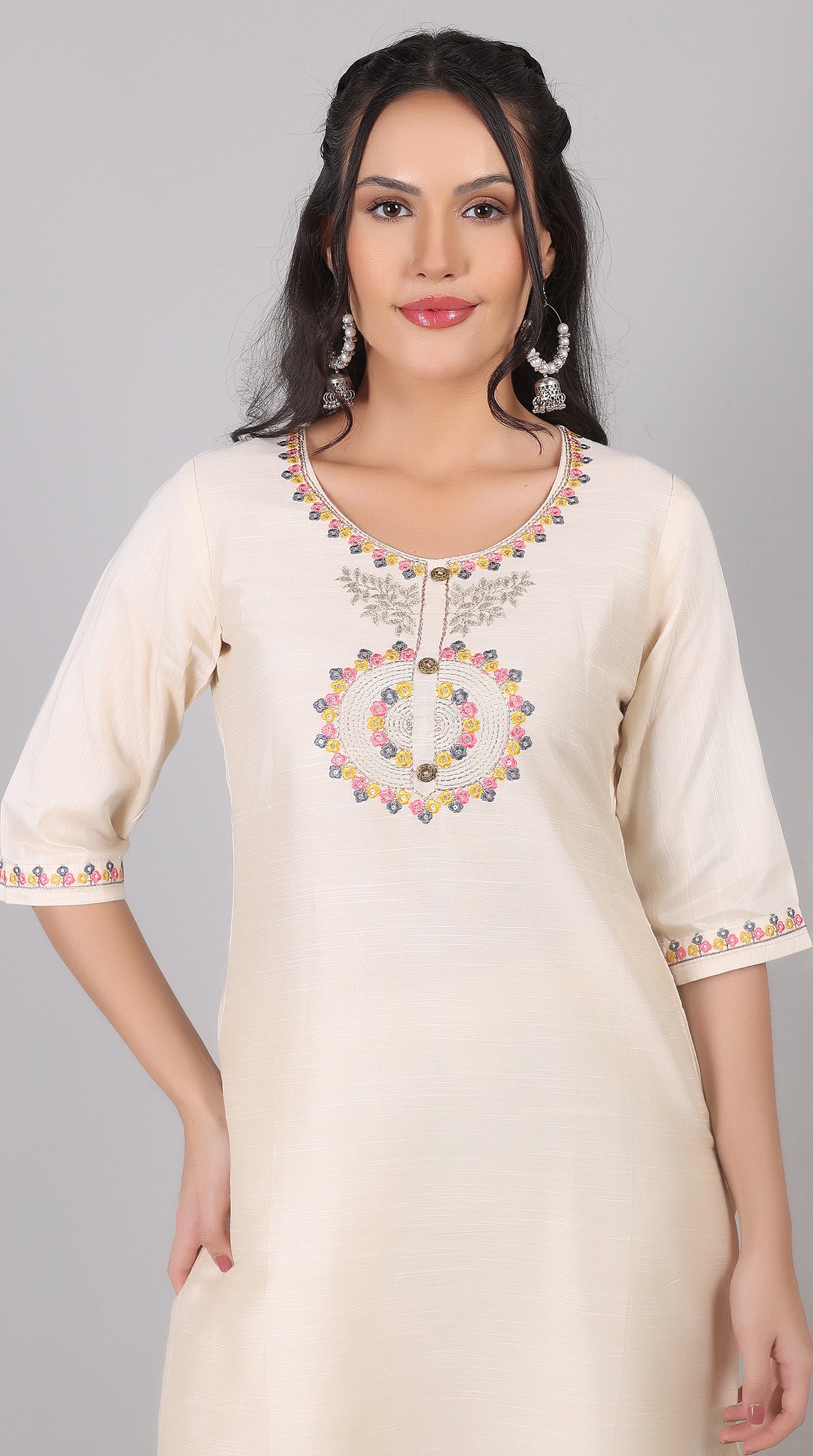 Ivory Rayon Zari Embroidered Kurta Set with Printed Organza Dupatta