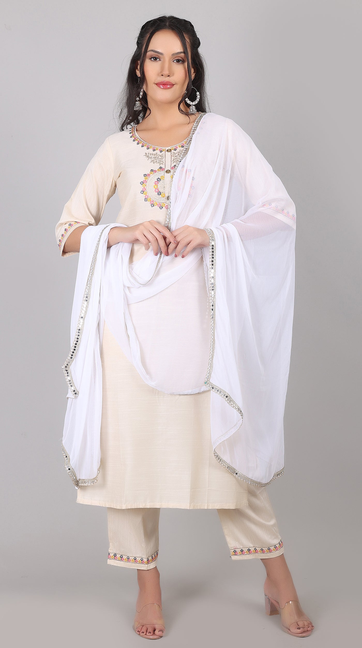 Ivory Rayon Zari Embroidered Kurta Set with Printed Organza Dupatta