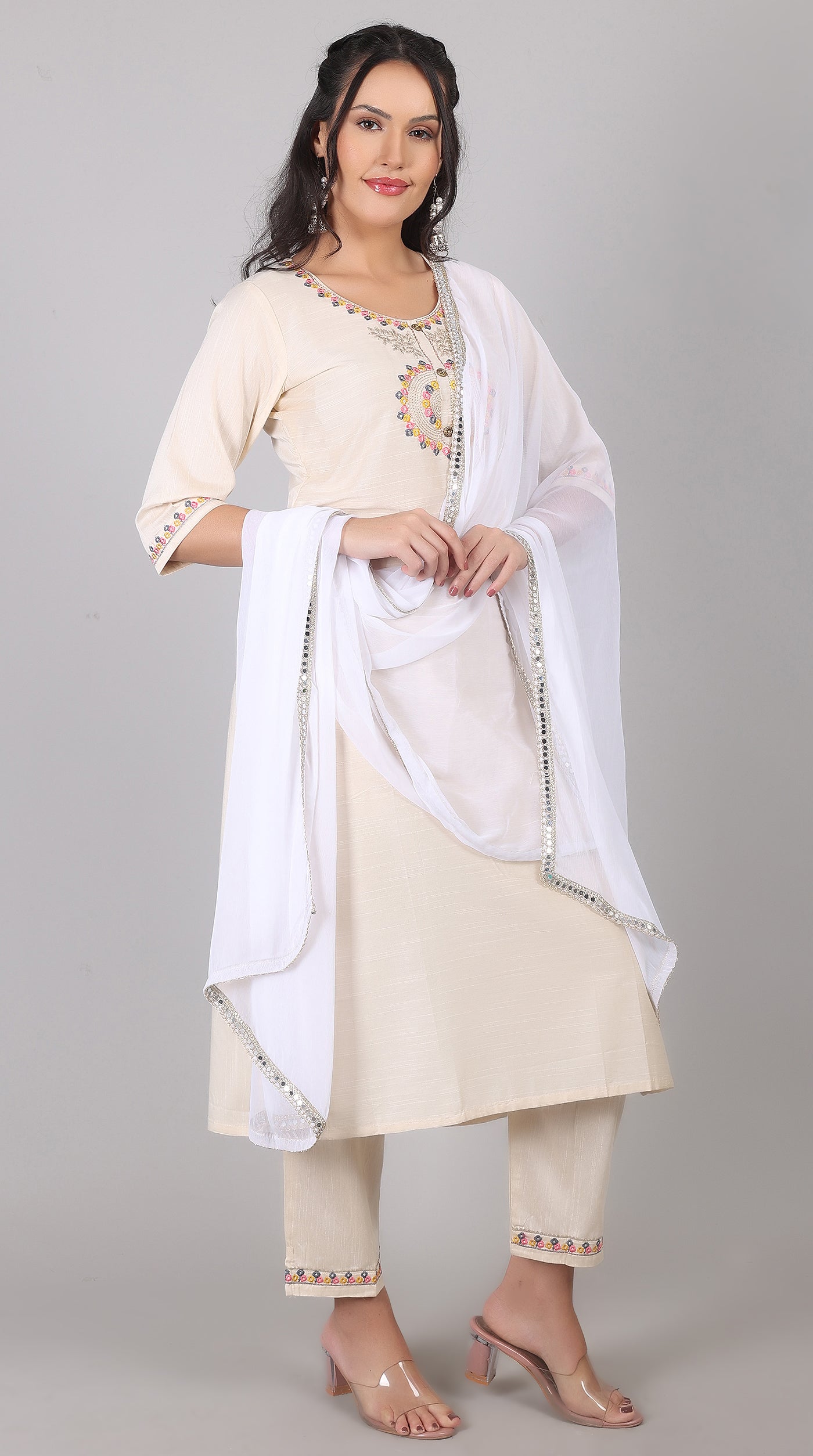 Ivory Rayon Zari Embroidered Kurta Set with Printed Organza Dupatta