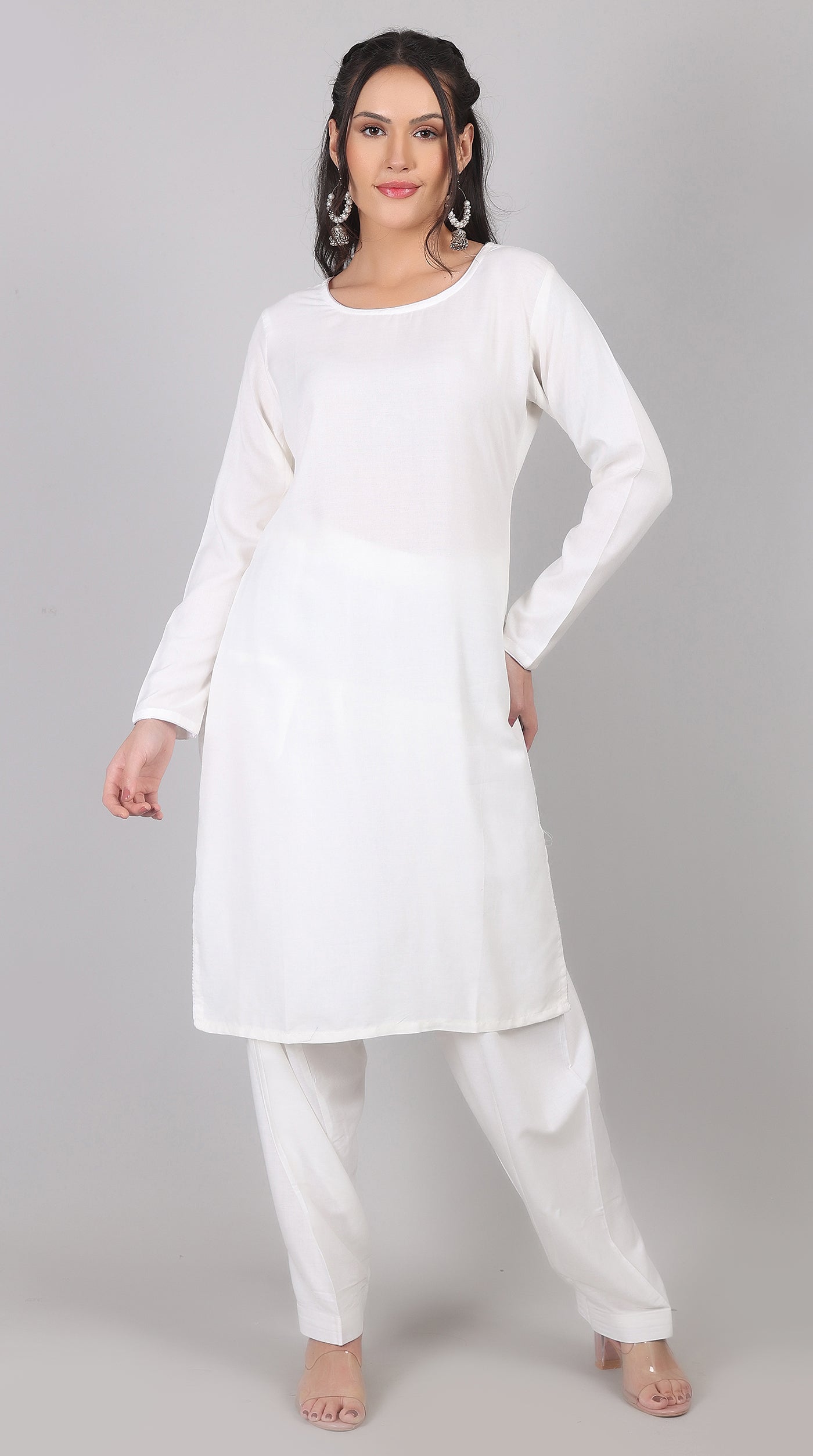 Plain White Rayon Suit Set with Chiffon Dupatta