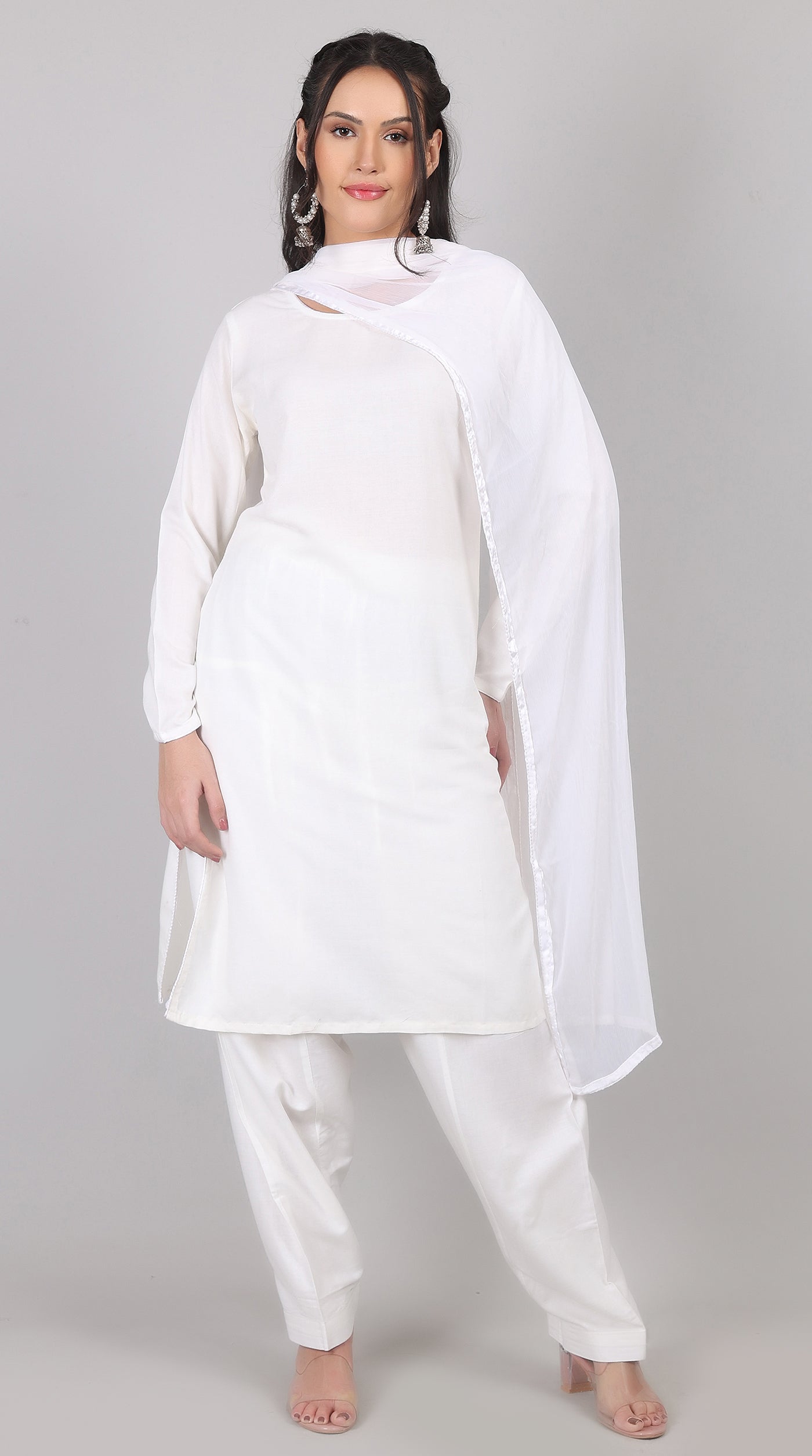 Plain White Rayon Suit Set with Chiffon Dupatta