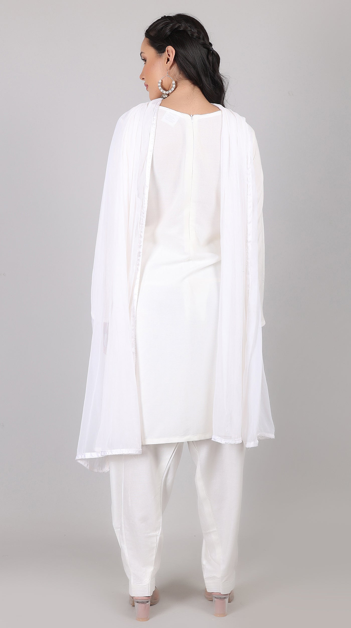 Plain White Rayon Suit Set with Chiffon Dupatta
