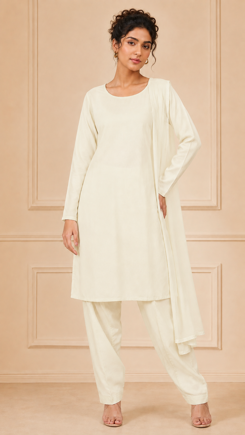 Cream women’s salwar kameez suit with matching trousers and plain chiffon dupatta, elegant modest Asian ethnic wear by Diya Online