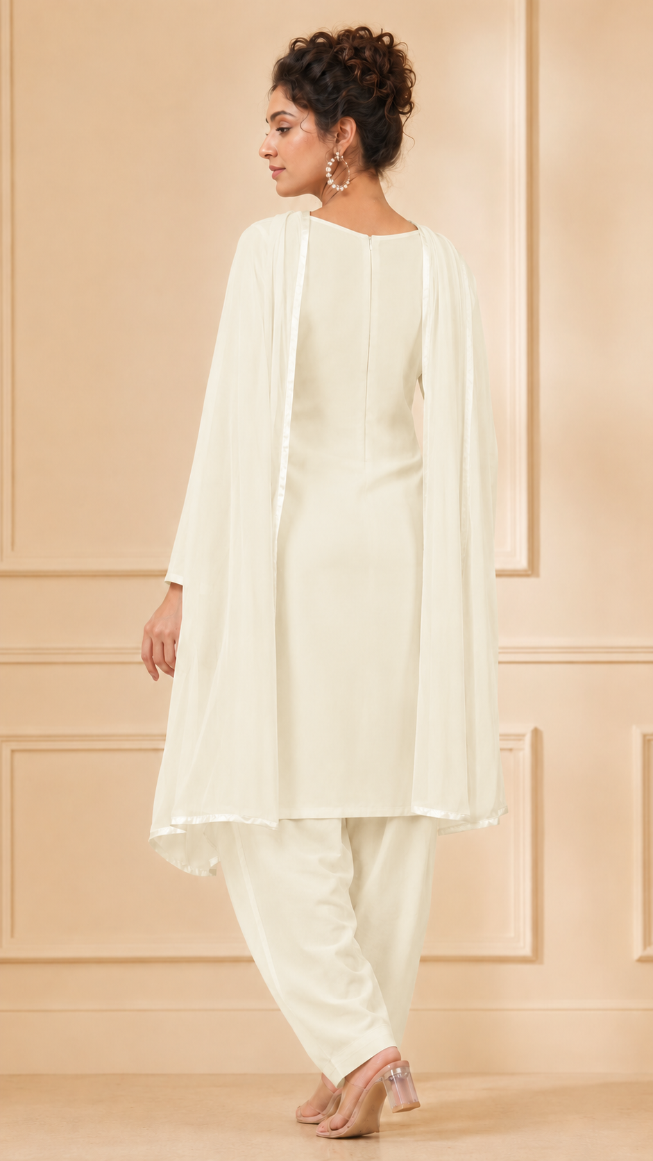 Cream women’s salwar kameez suit with matching trousers and plain chiffon dupatta, elegant modest Asian ethnic wear by Diya Online