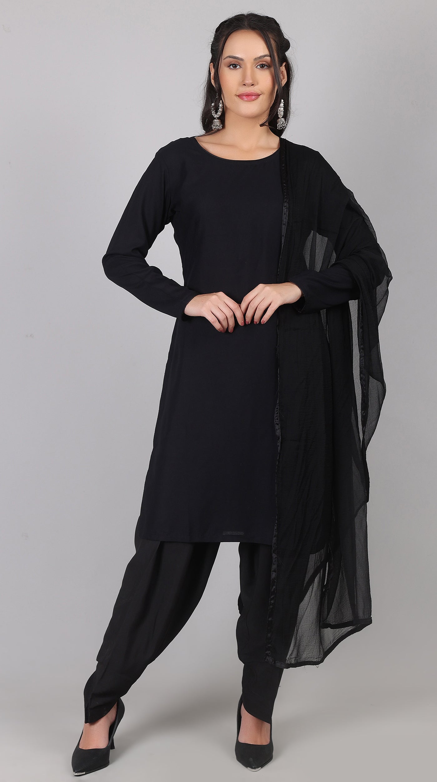 Plain Black Rayon Suit Set with Chiffon Dupatta