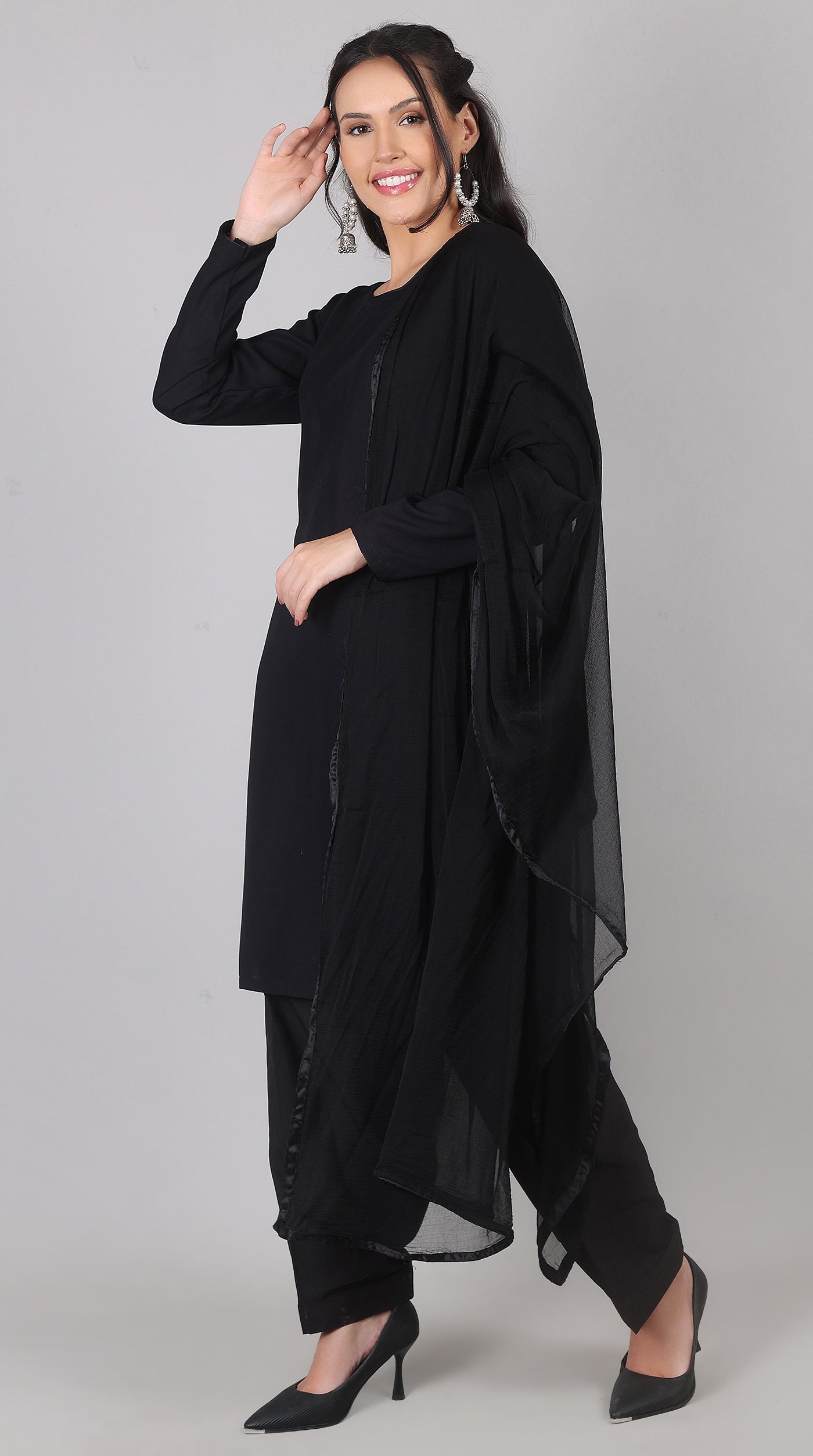 Plain Black Rayon Suit Set with Chiffon Dupatta