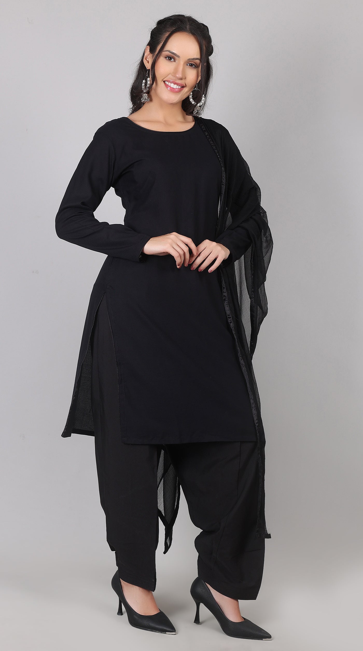 Plain Black Rayon Suit Set with Chiffon Dupatta