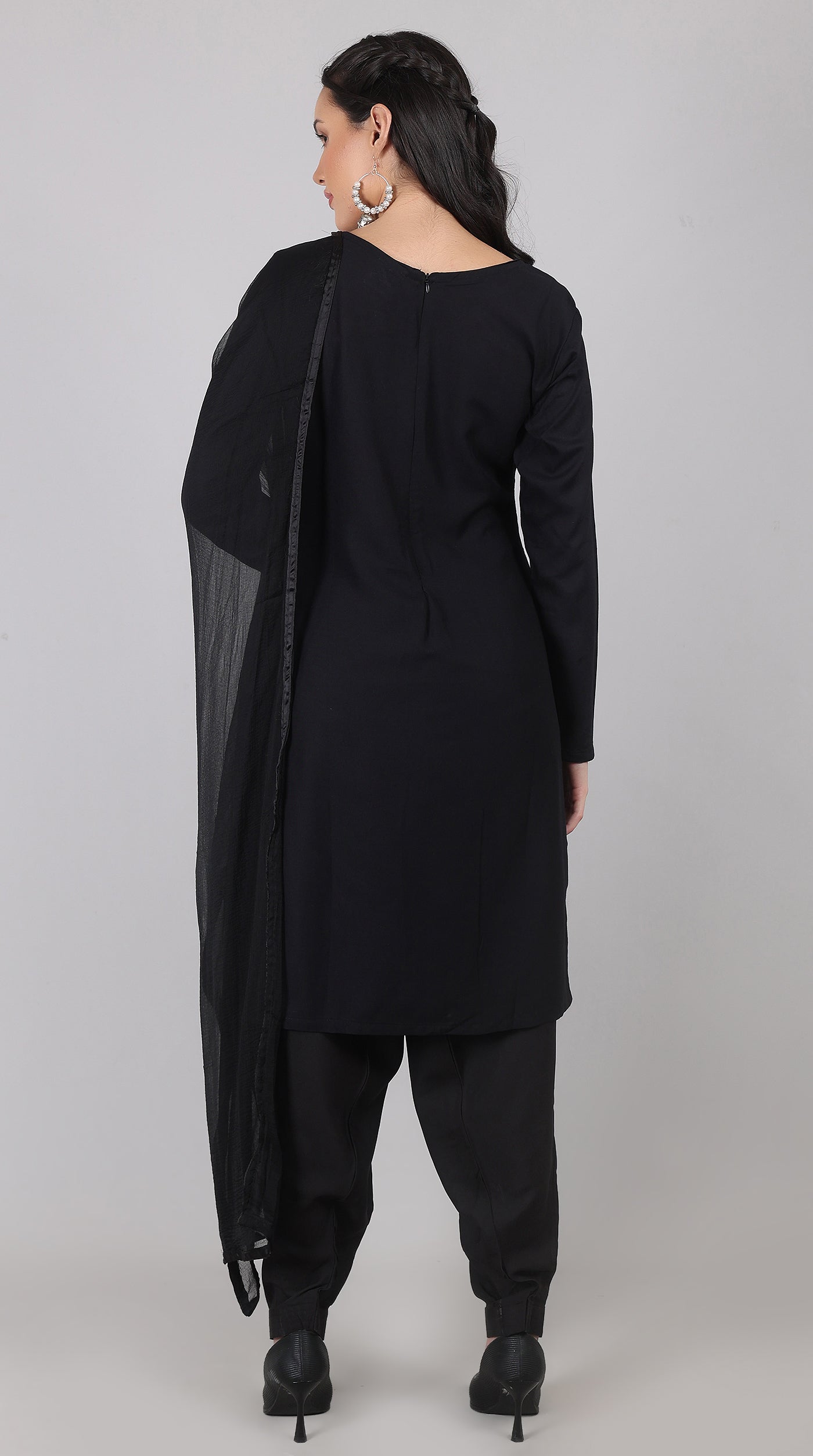 Plain Black Rayon Suit Set with Chiffon Dupatta