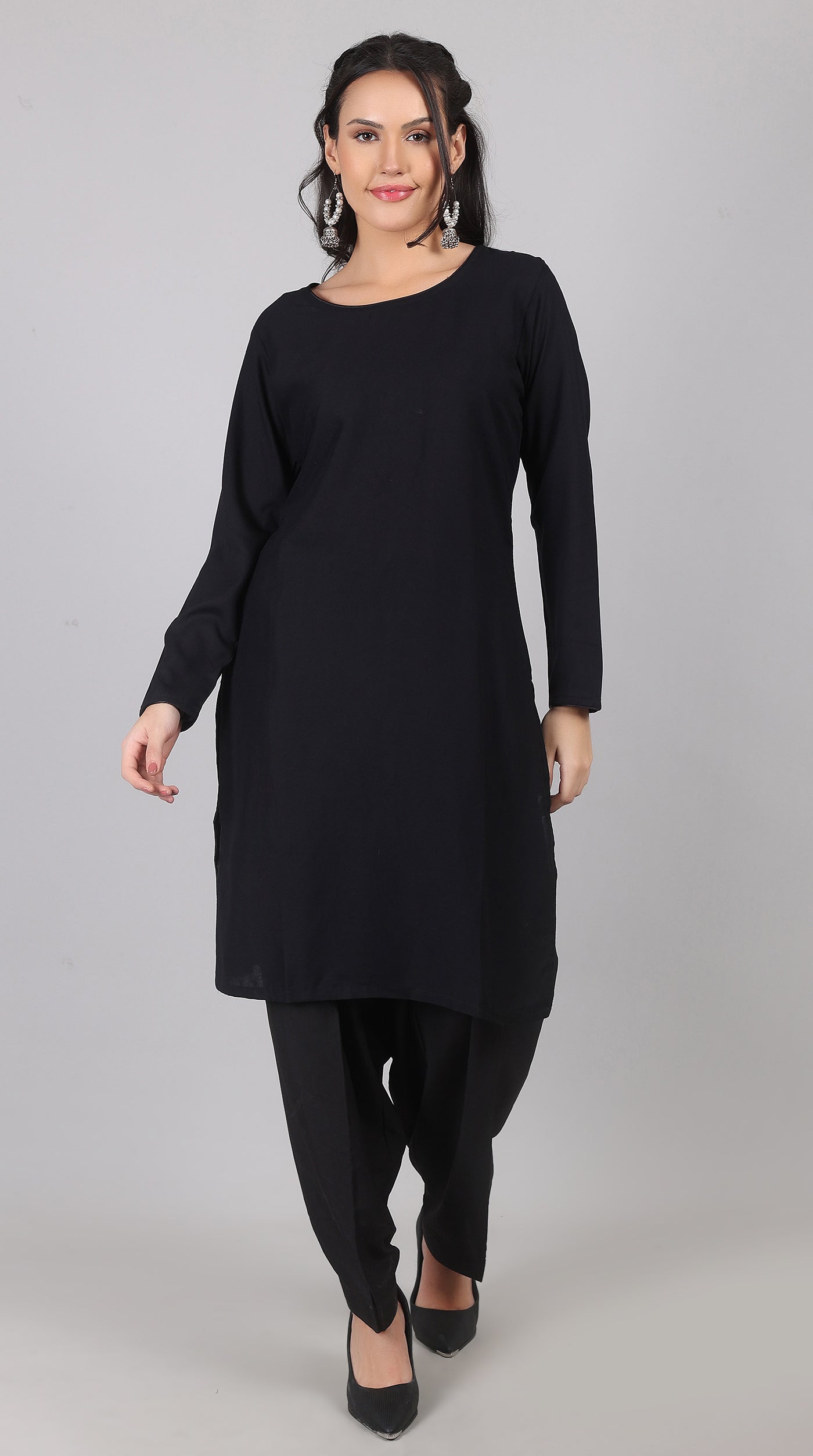 Plain Black Rayon Suit Set with Chiffon Dupatta