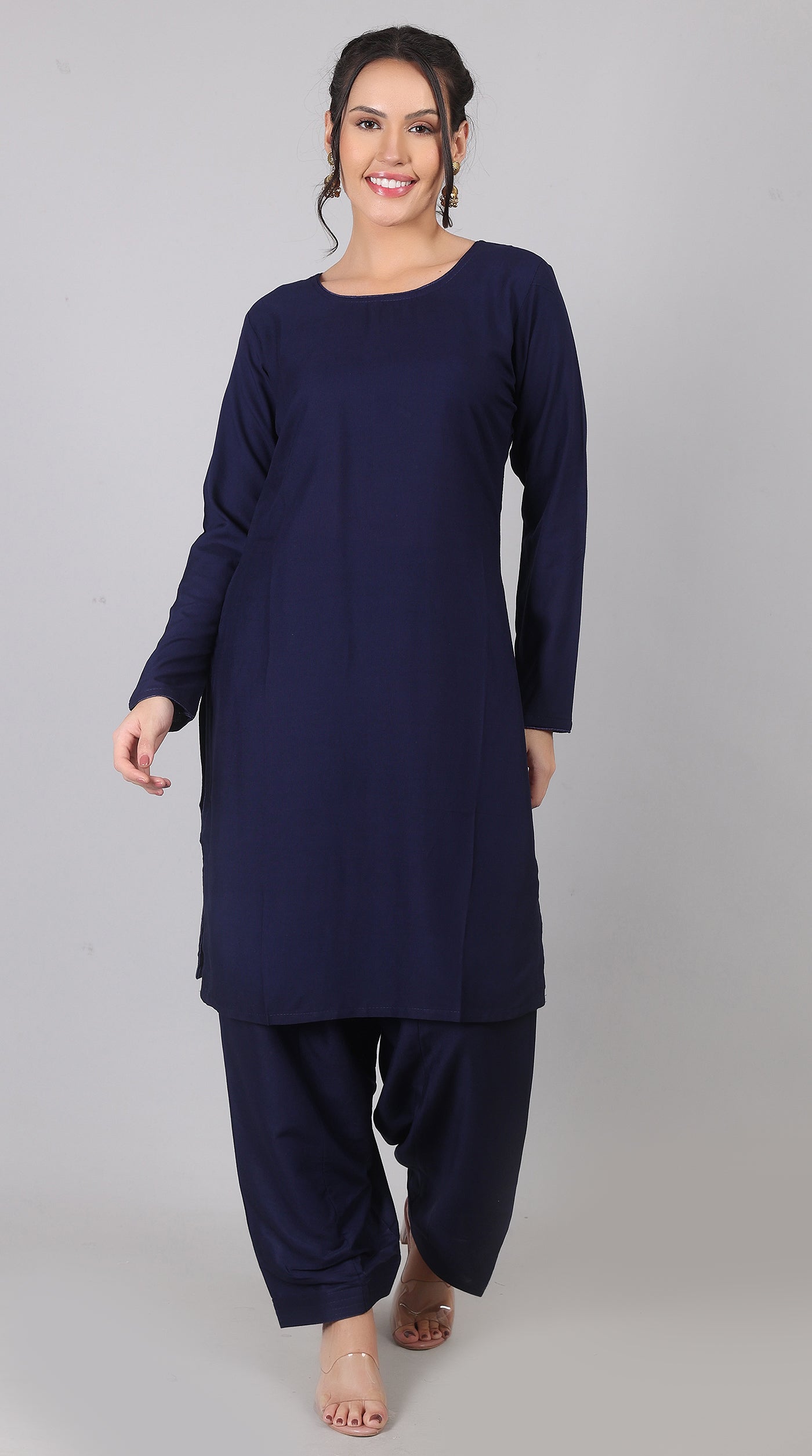 Plain Navy Blue Rayon Suit Set with Chiffon Dupatta
