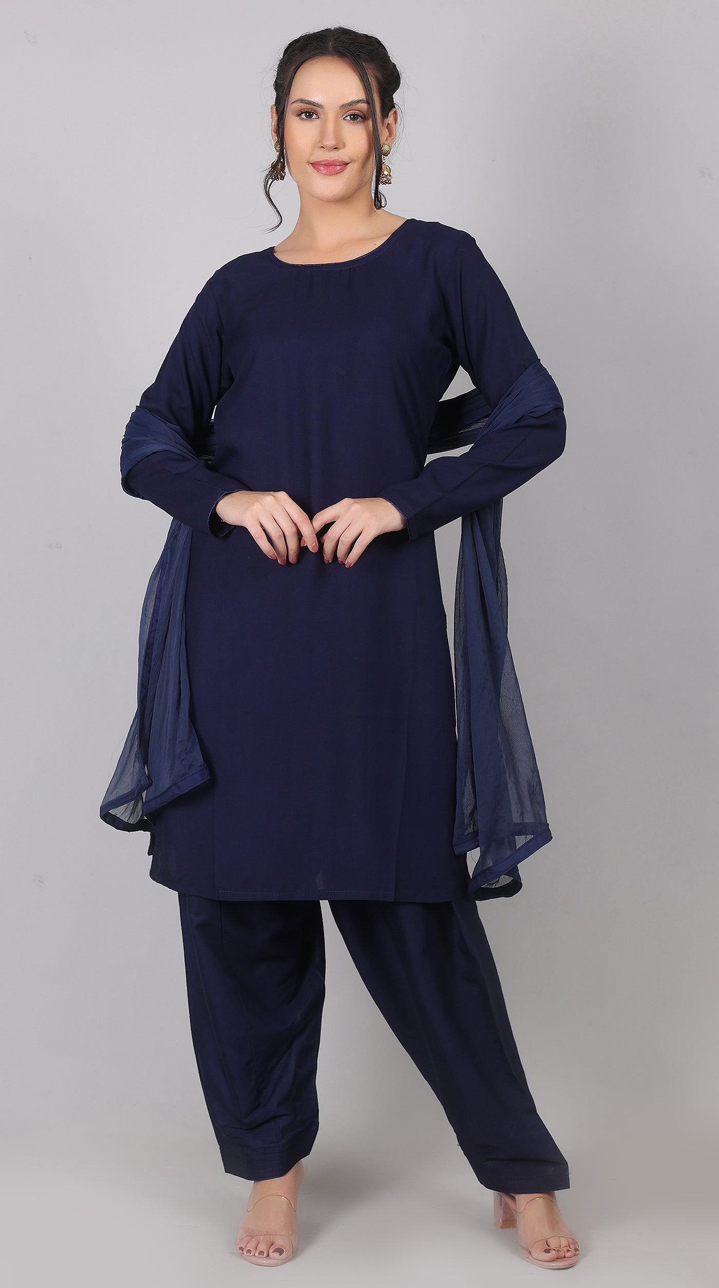 Plain Navy Blue Rayon Suit Set with Chiffon Dupatta