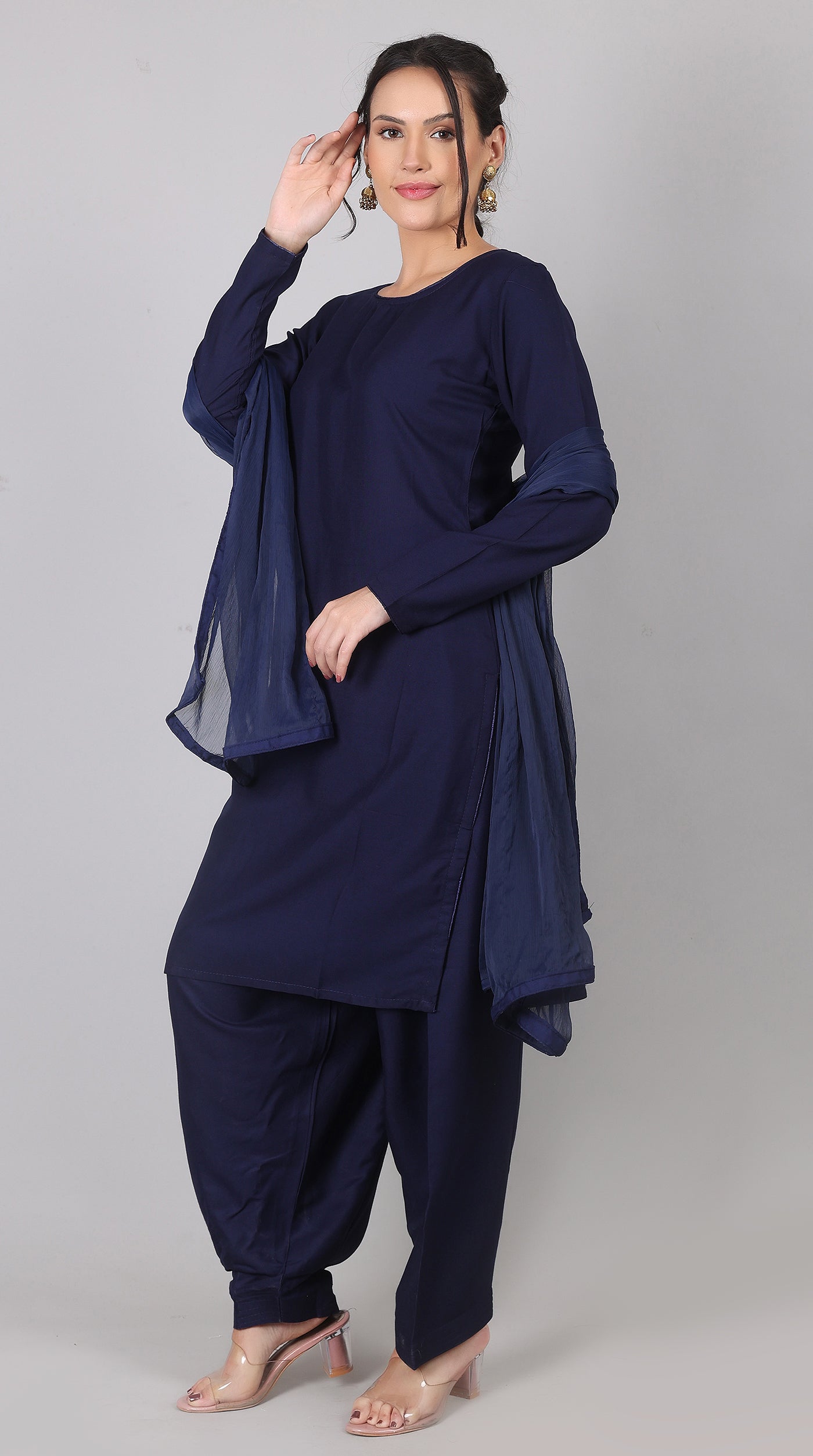 Plain Navy Blue Rayon Suit Set with Chiffon Dupatta