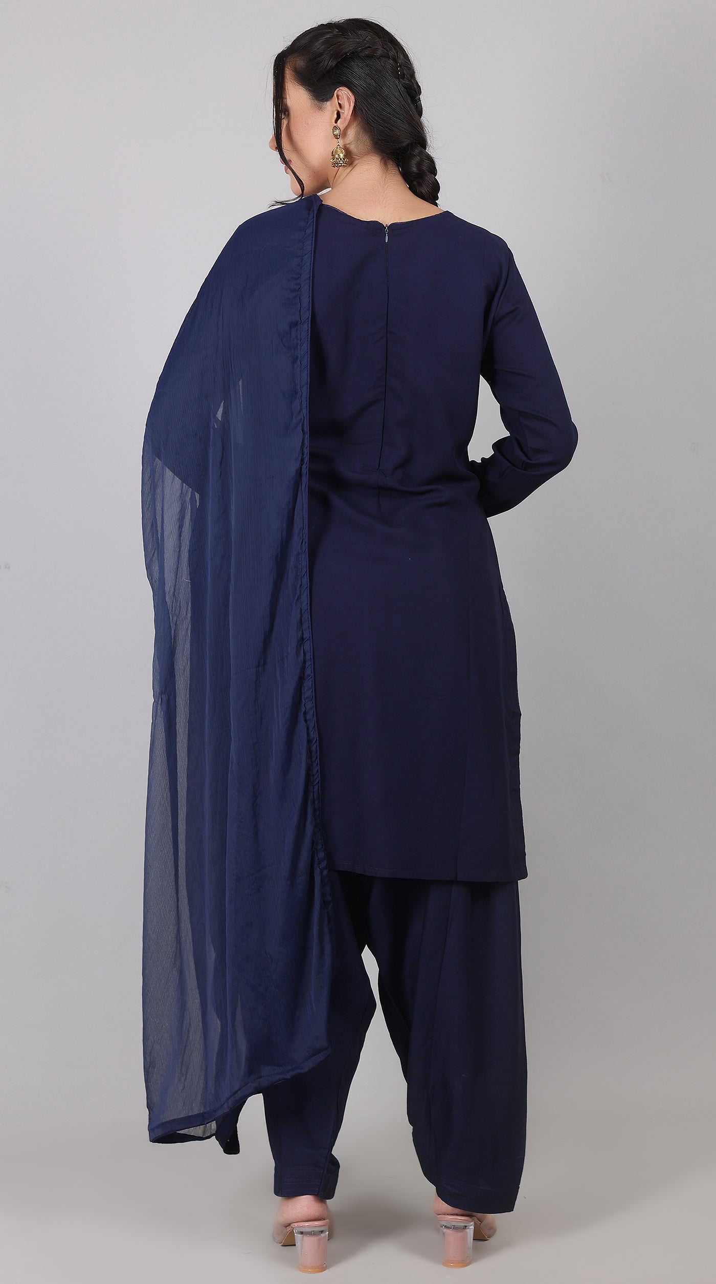 Plain Navy Blue Rayon Suit Set with Chiffon Dupatta