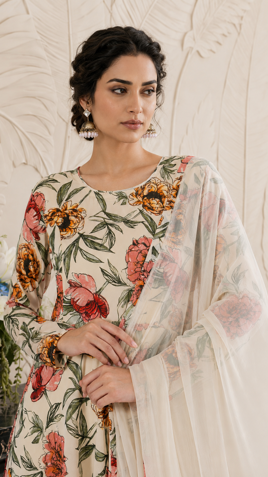 Buy cream floral print Pakistani long salwar kameez with plain trousers and matching sheer dupatta for women online at Diya Online.
