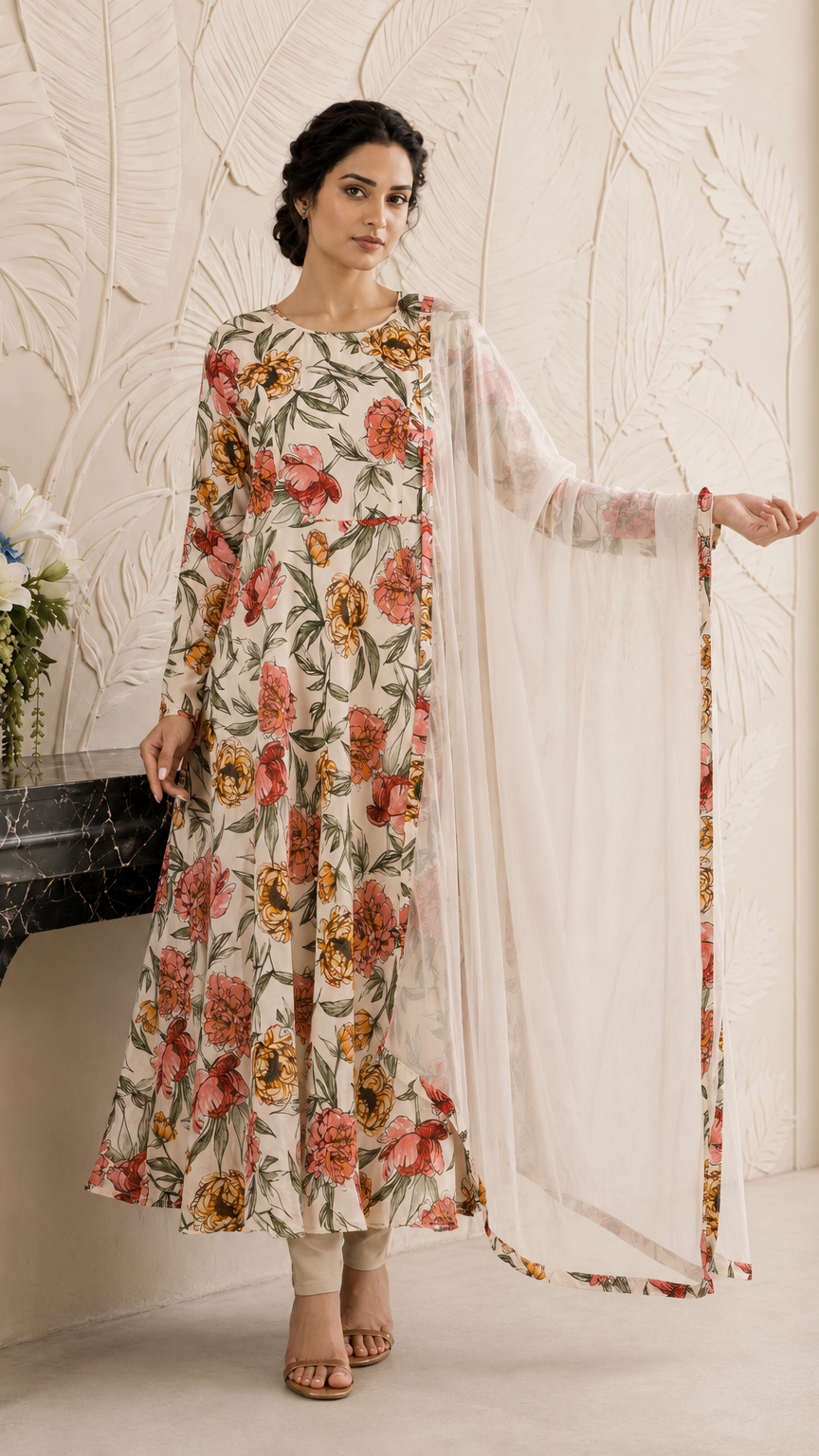 Buy cream floral print Pakistani long salwar kameez with plain trousers and matching sheer dupatta for women online at Diya Online.