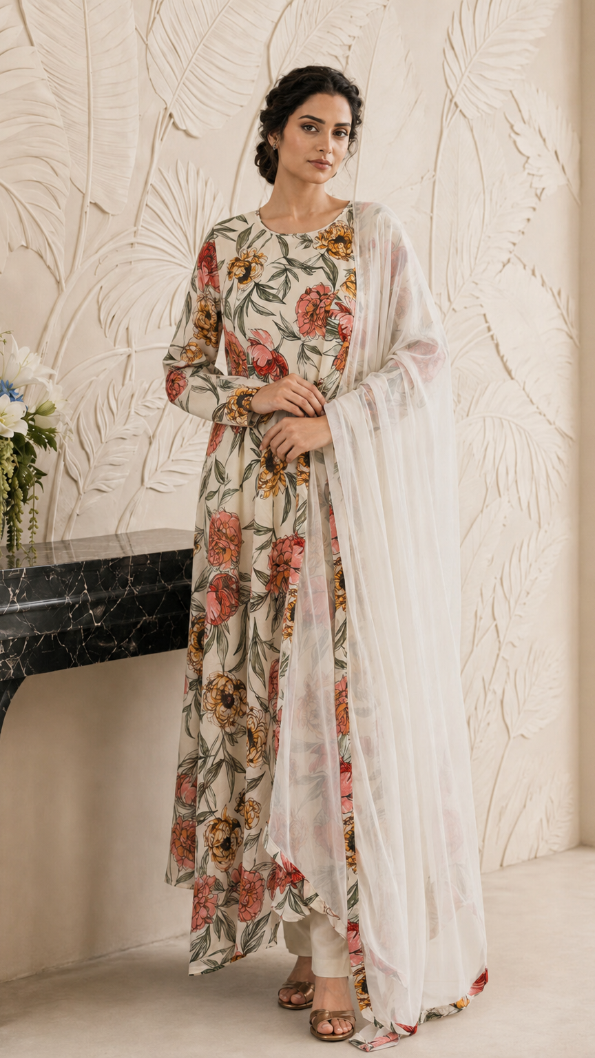 Buy cream floral print Pakistani long salwar kameez with plain trousers and matching sheer dupatta for women online at Diya Online.