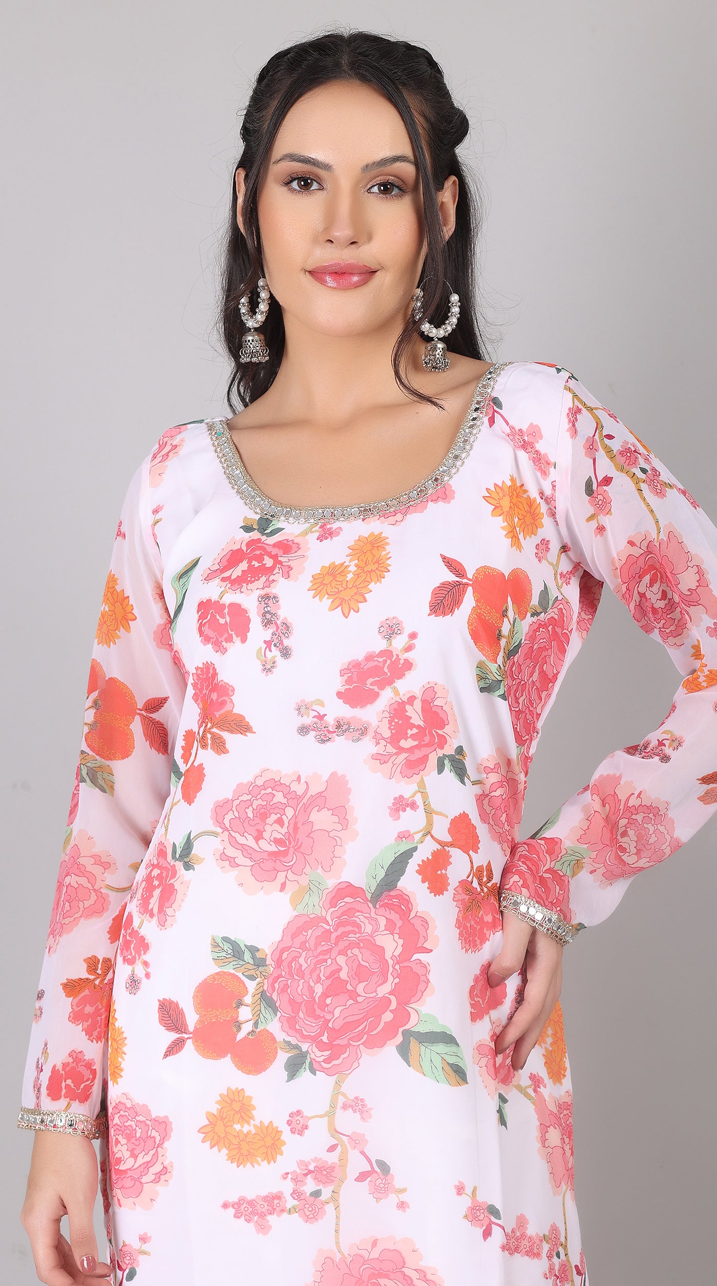 White & Pink Georgette Printed Suit Set