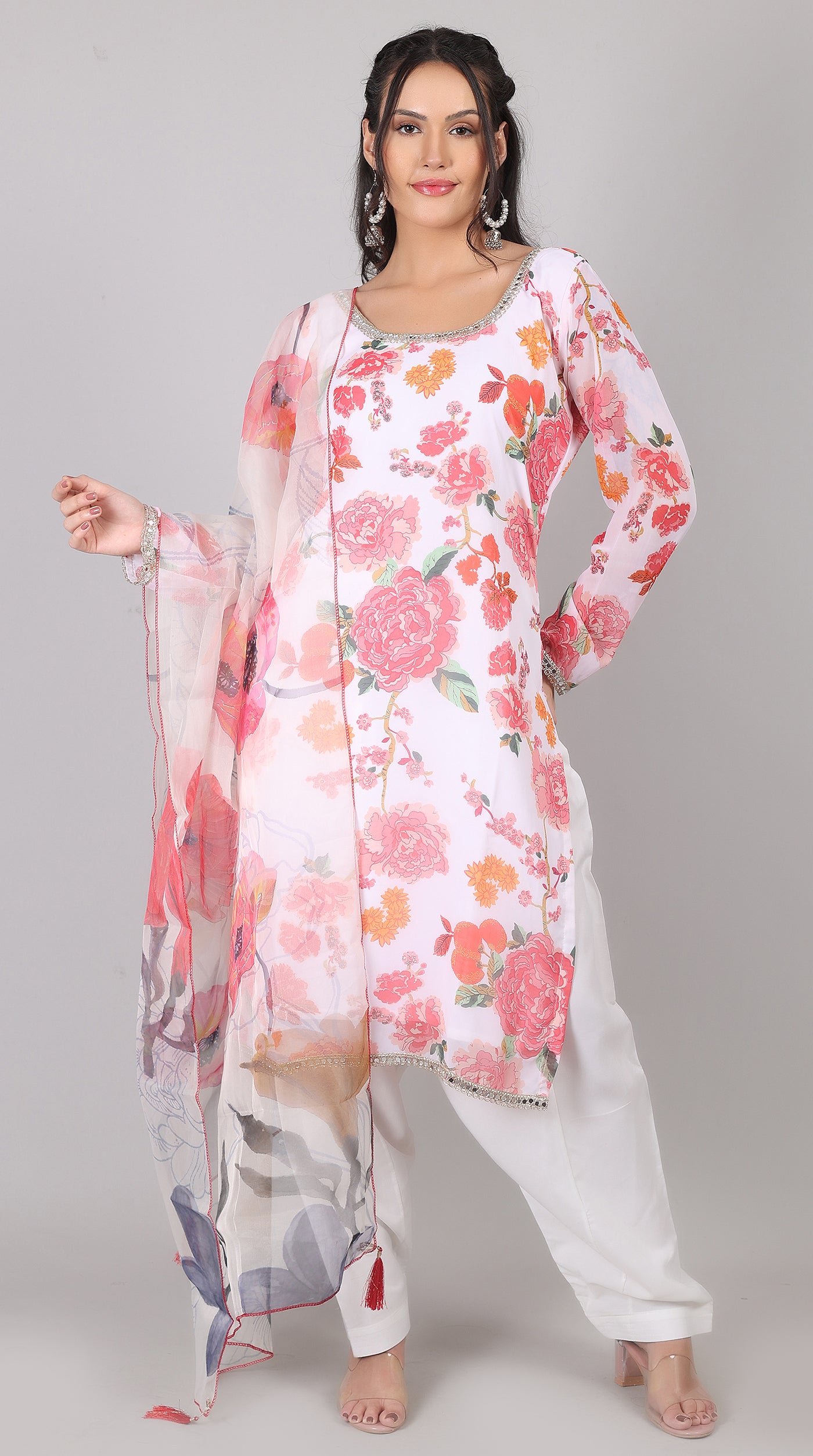 White & Pink Georgette Embroidered Suit Set