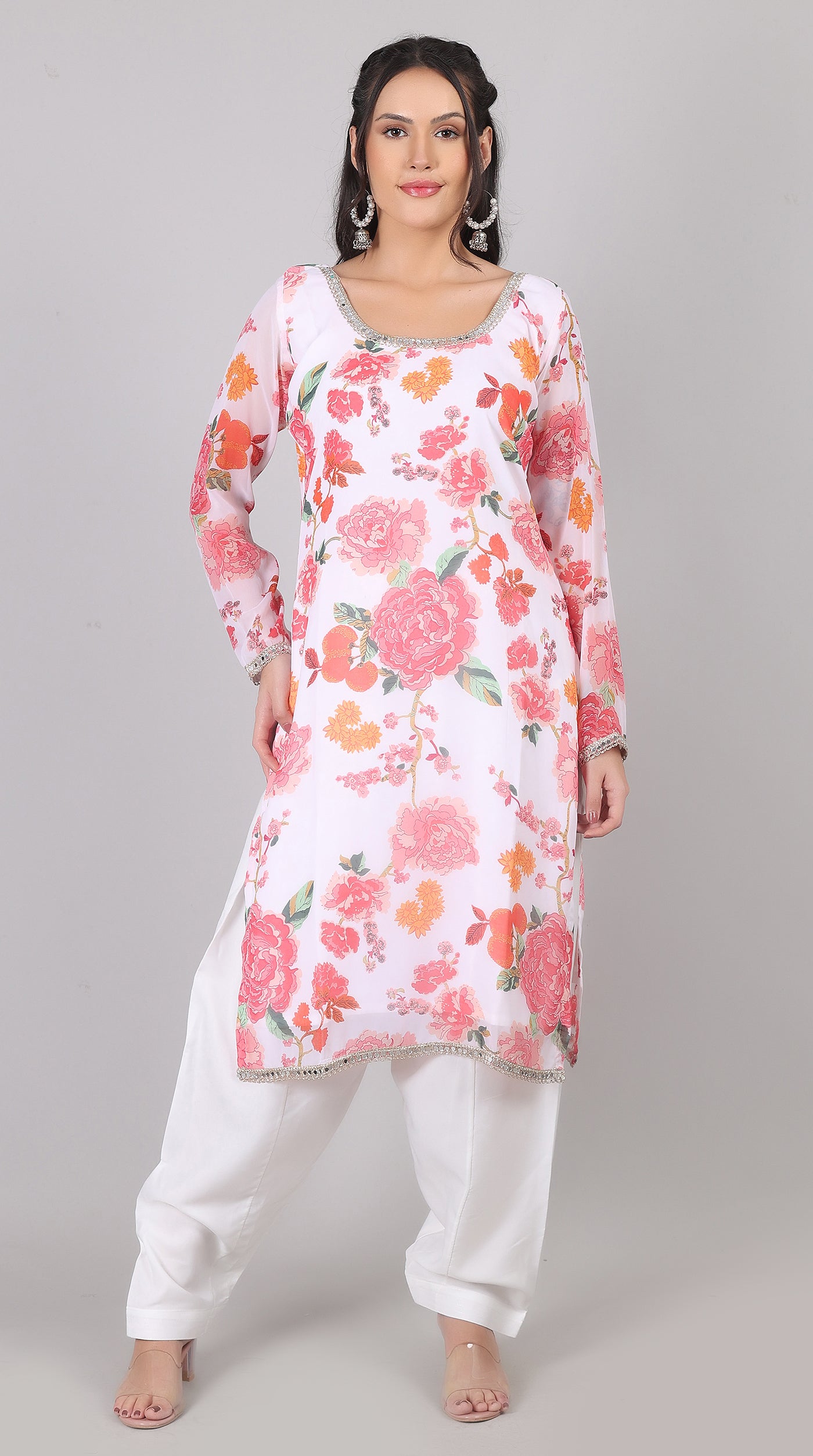 White & Pink Georgette Embroidered Suit Set