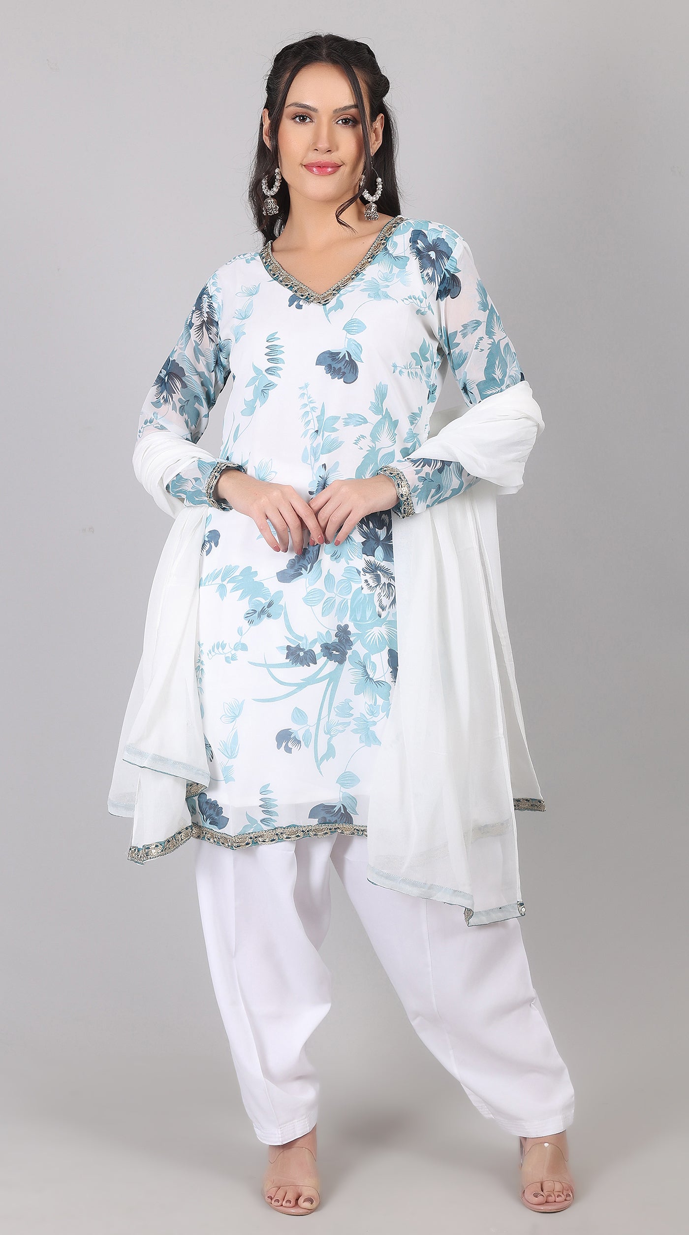 White & blue Georgette Embroidered Suit Set