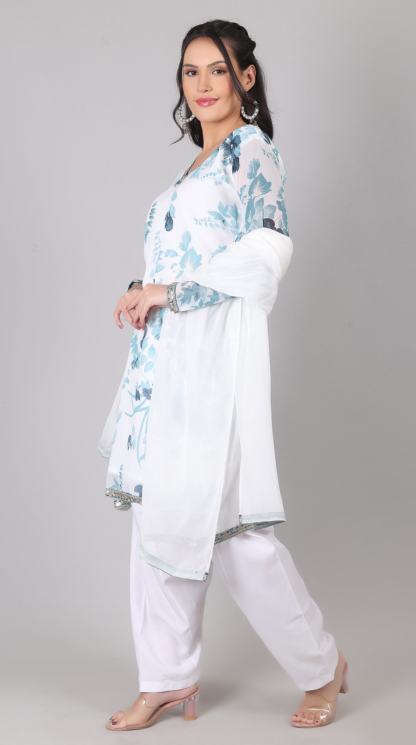 White & blue Georgette Embroidered Suit Set