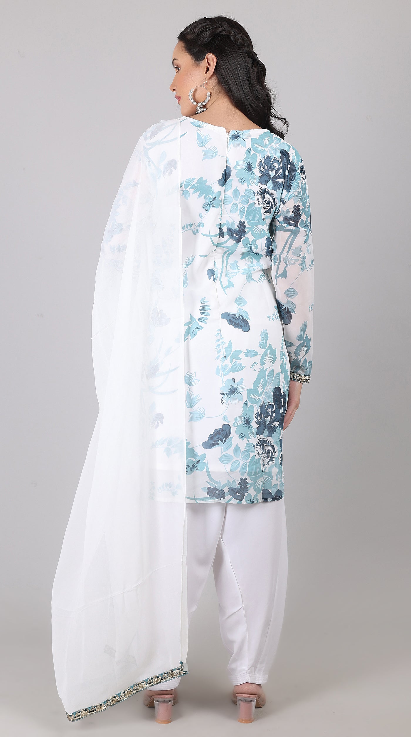 White & blue Georgette Embroidered Suit Set