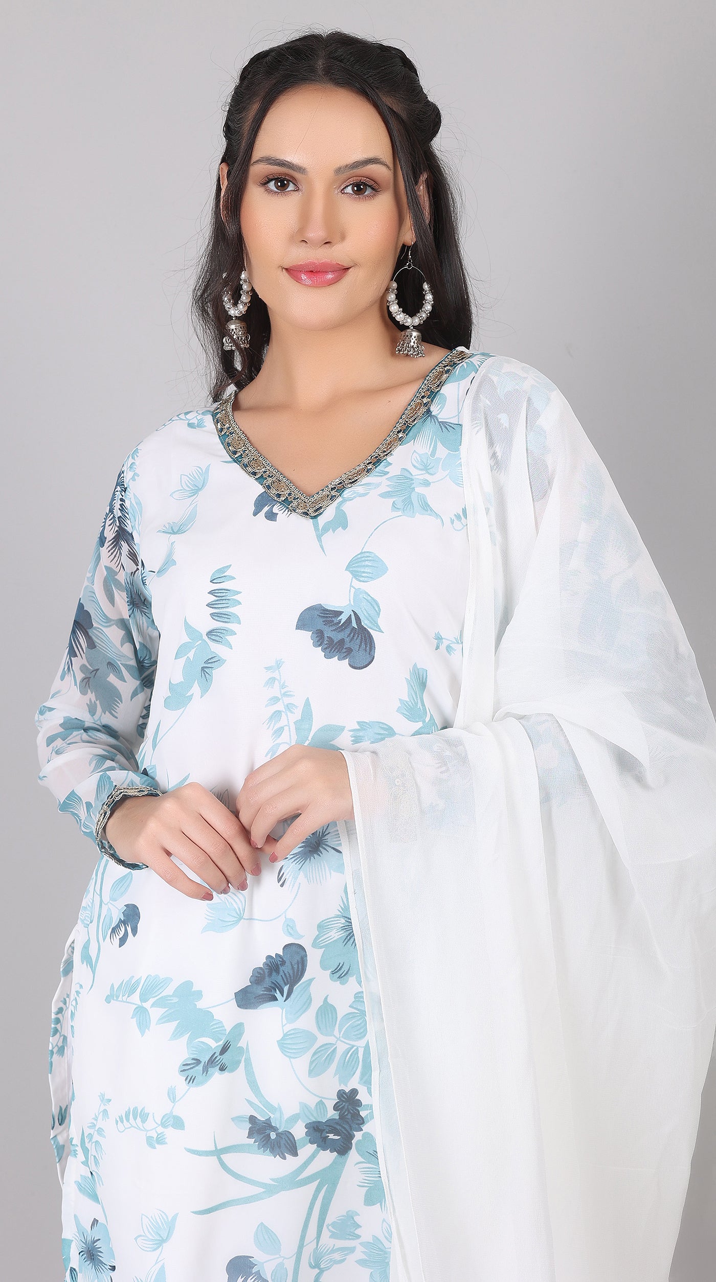 White & blue Georgette Embroidered Suit Set