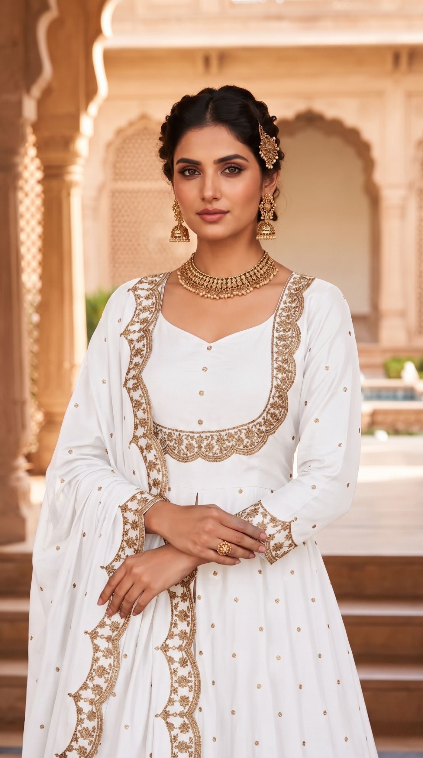 White Vichitra Silk Bias Cut Skirt Set with Scalloped Dupatta