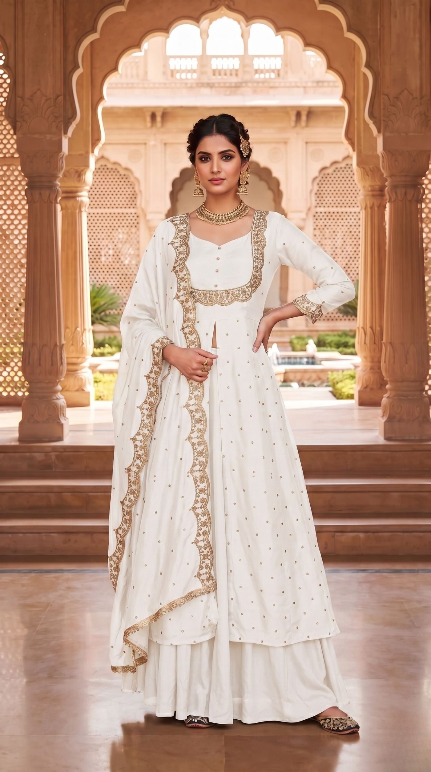 White Vichitra Silk Bias Cut Skirt Set with Scalloped Dupatta