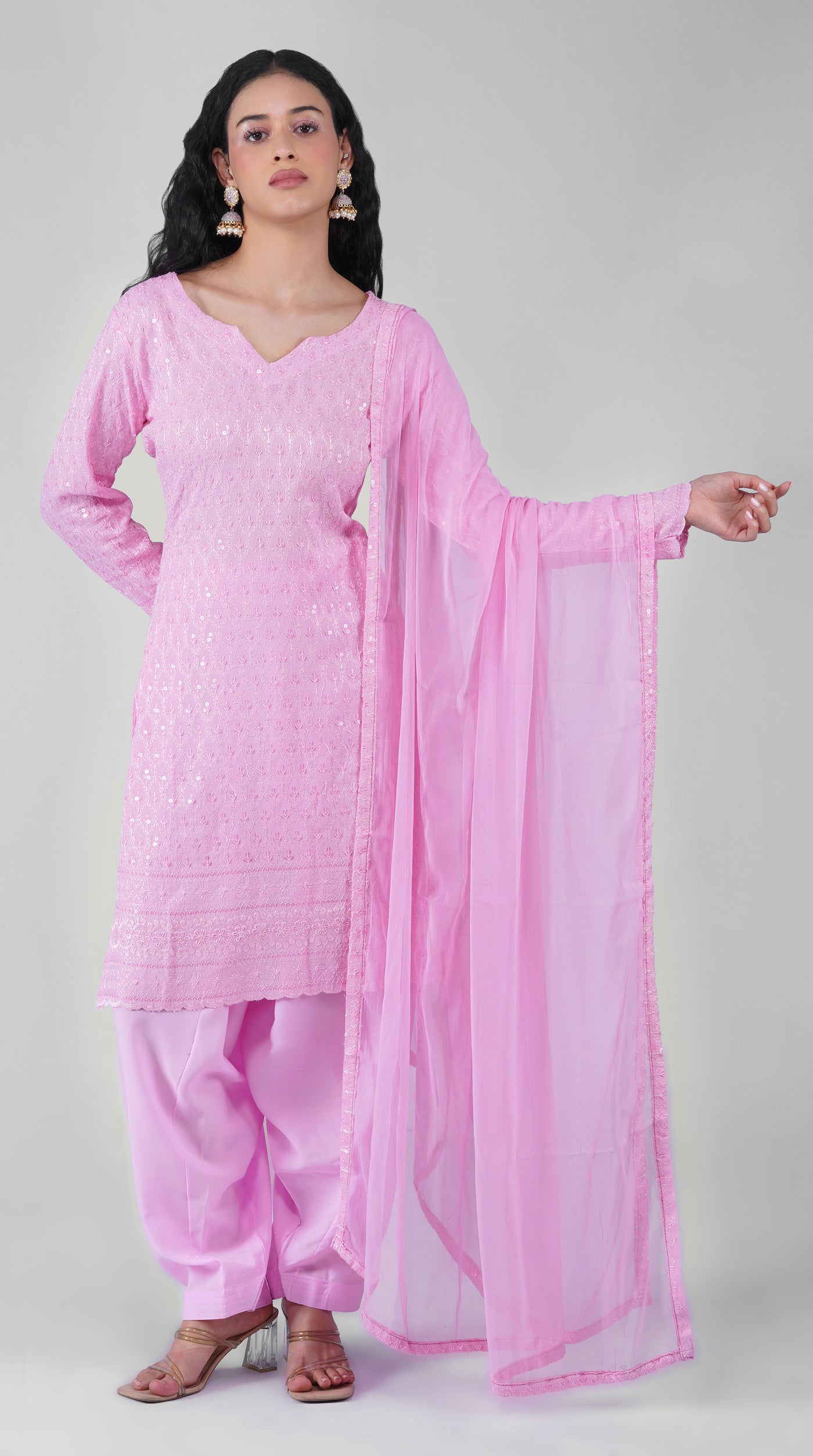 Pink Chikankari rayon suit set with embroidered chiffon dupatta