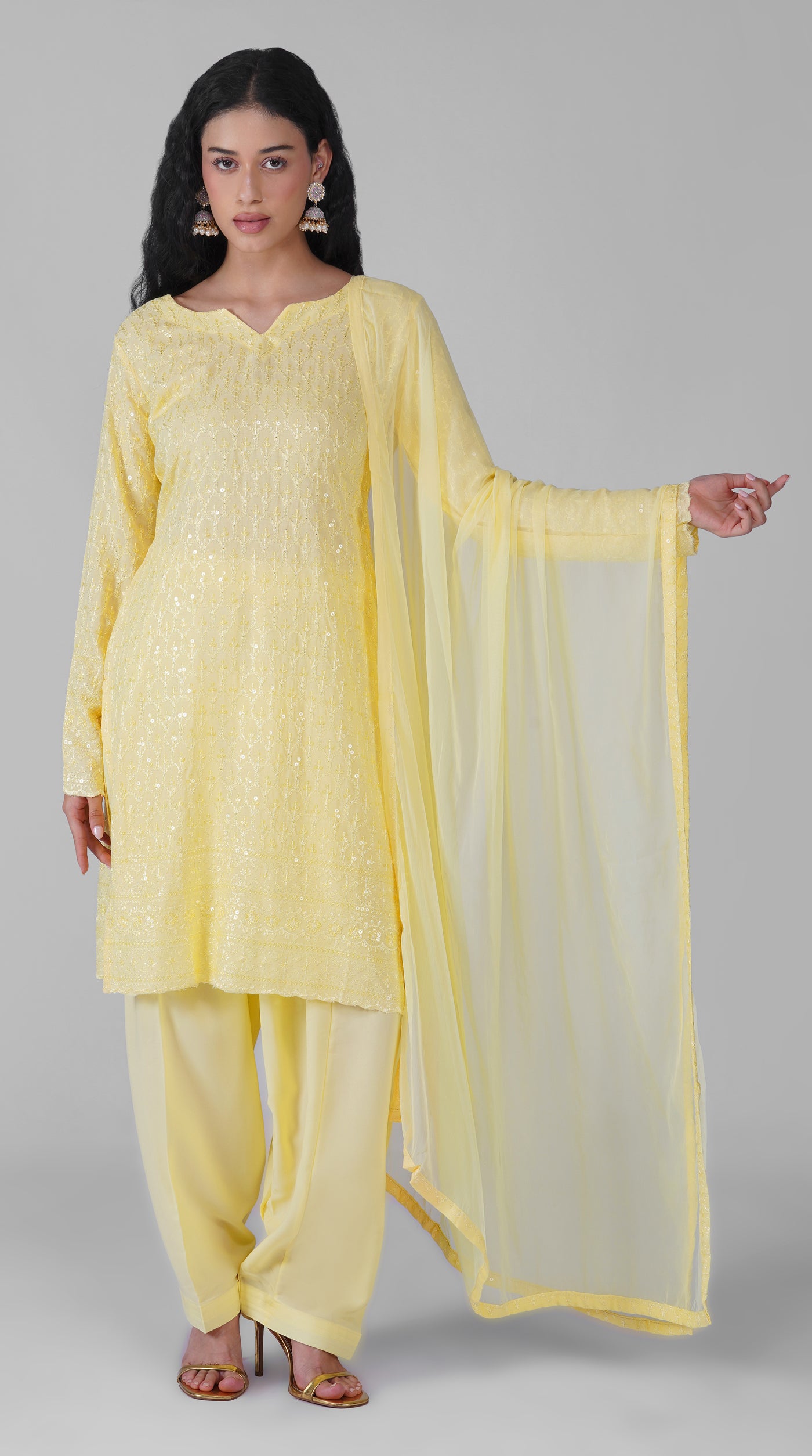 Lemon yellow Chikankari rayon suit set with chiffon dupatta