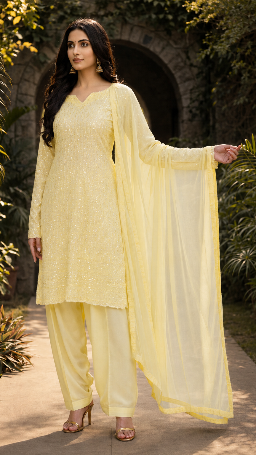 Buy pastel yellow sequin embroidered Pakistani salwar kameez with loose trousers and matching sheer dupatta for women online at Diya Online