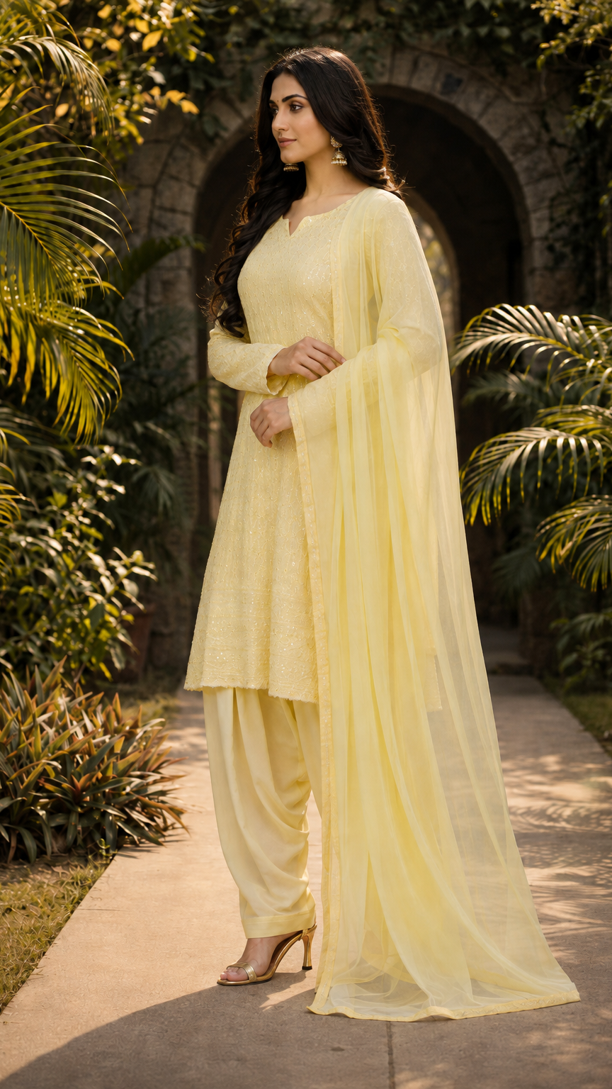 Buy pastel yellow sequin embroidered Pakistani salwar kameez with loose trousers and matching sheer dupatta for women online at Diya Online