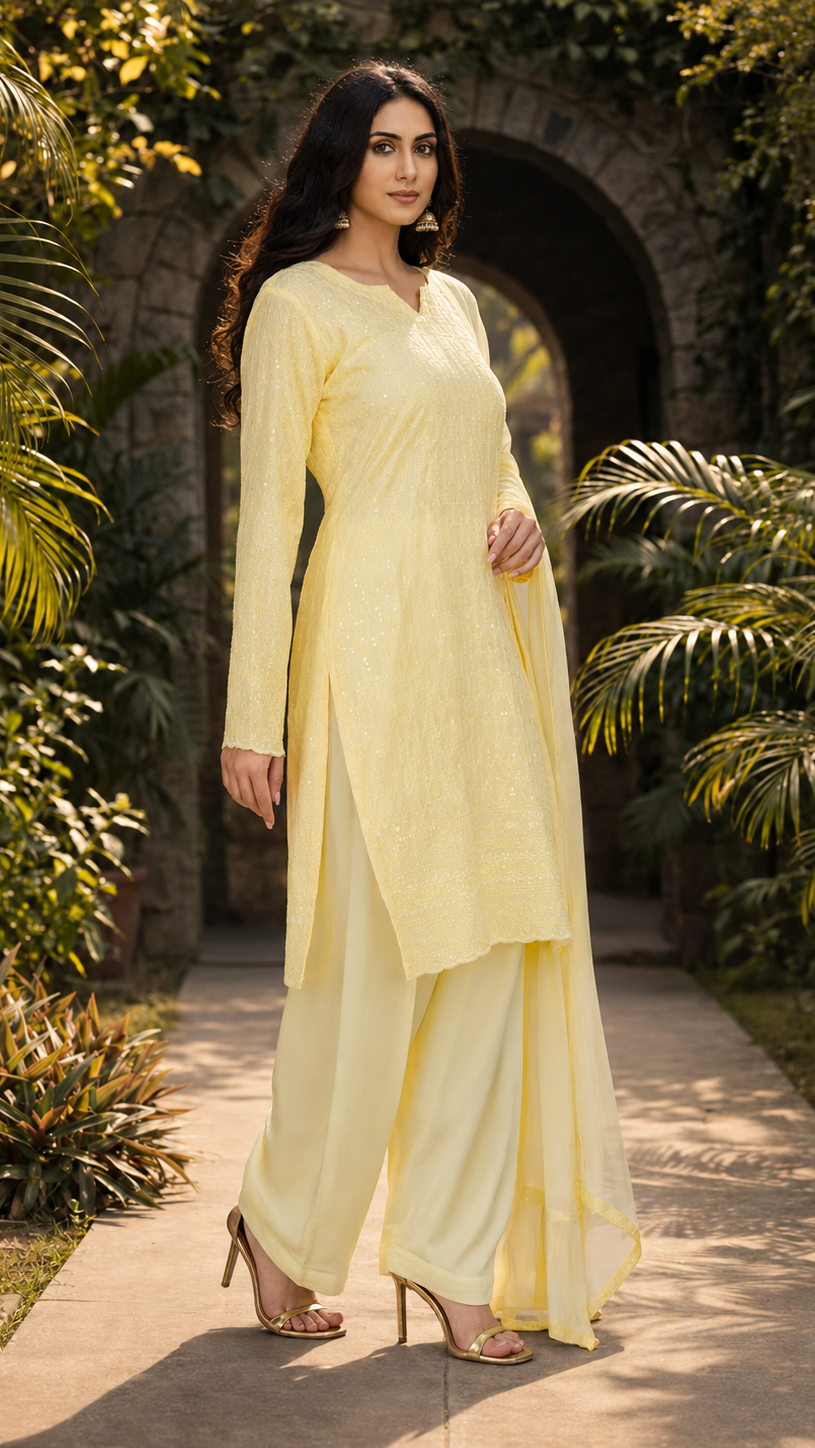 Buy pastel yellow sequin embroidered Pakistani salwar kameez with loose trousers and matching sheer dupatta for women online at Diya Online