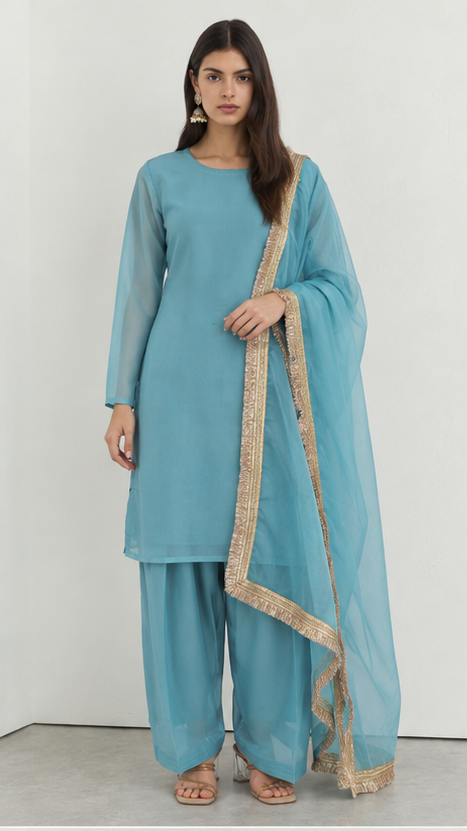 Blue printed georgette salwar suit styled with gold fringe organza dupatta