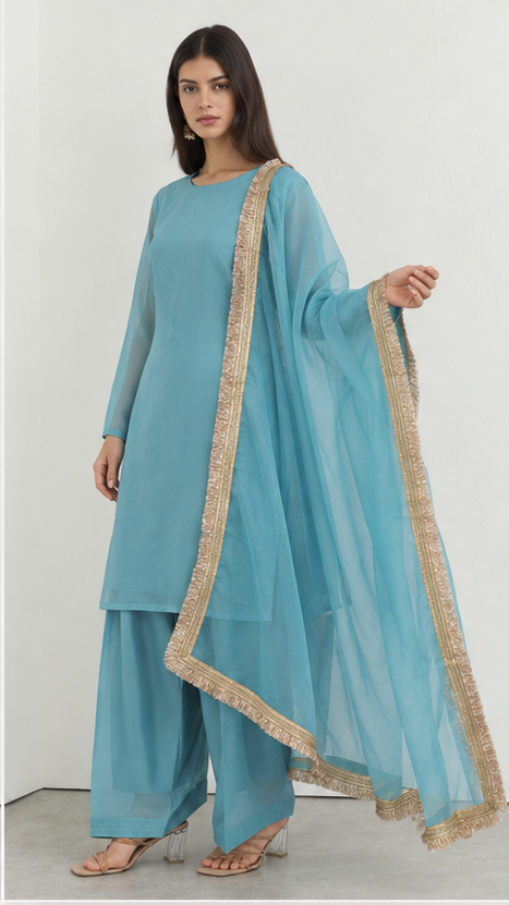 Blue printed georgette salwar suit styled with gold fringe organza dupatta