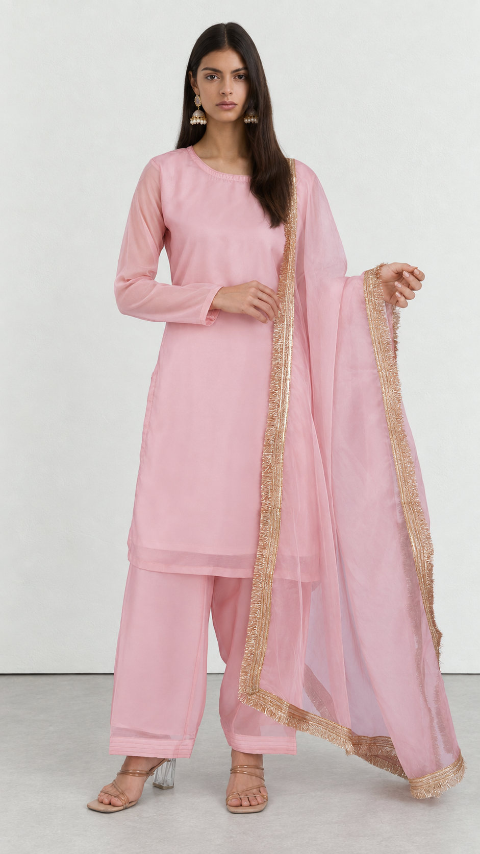 Pink star georgette suit set with gold fringe organza dupatta