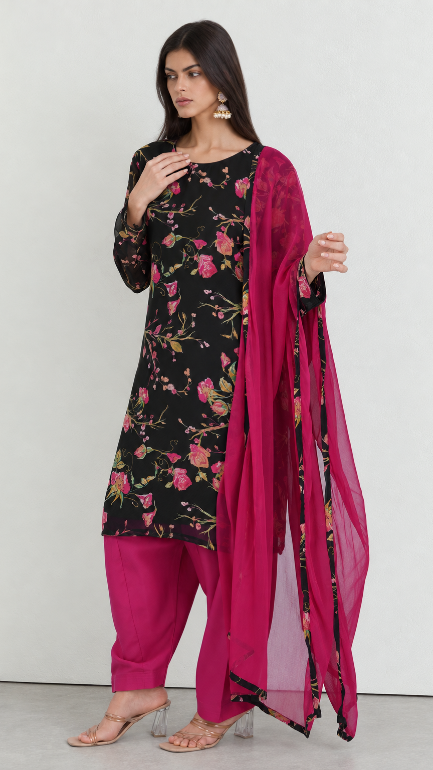 Black georgette ethnic suit with purple salwar and printed dupatta
