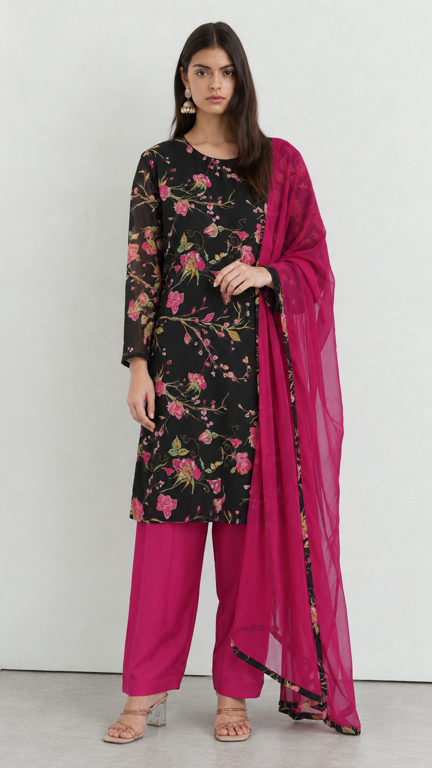 Black georgette ethnic suit with purple salwar and printed dupatta