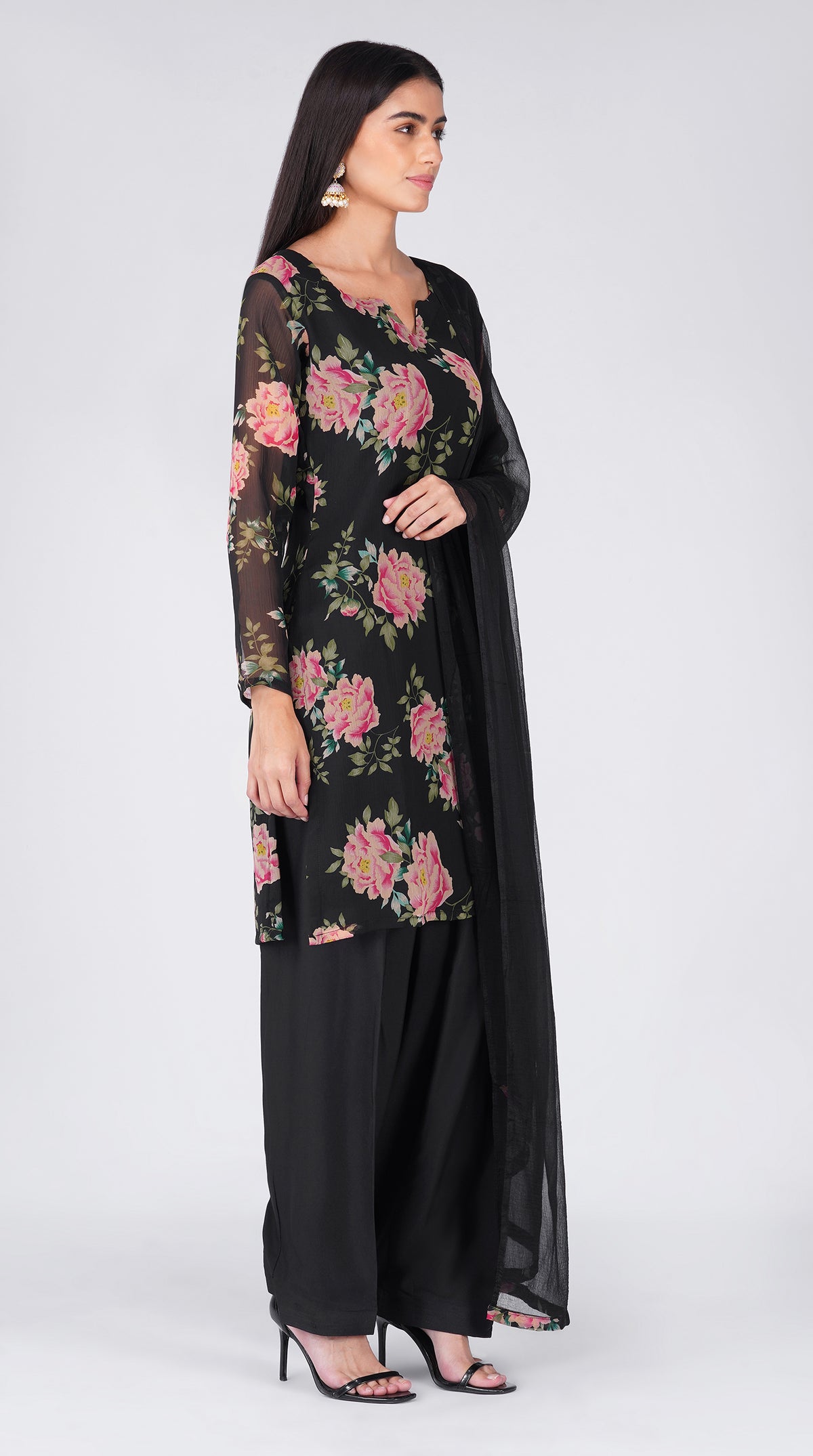 Midnight Floral Georgette Suit Set with Chiffon Dupatta