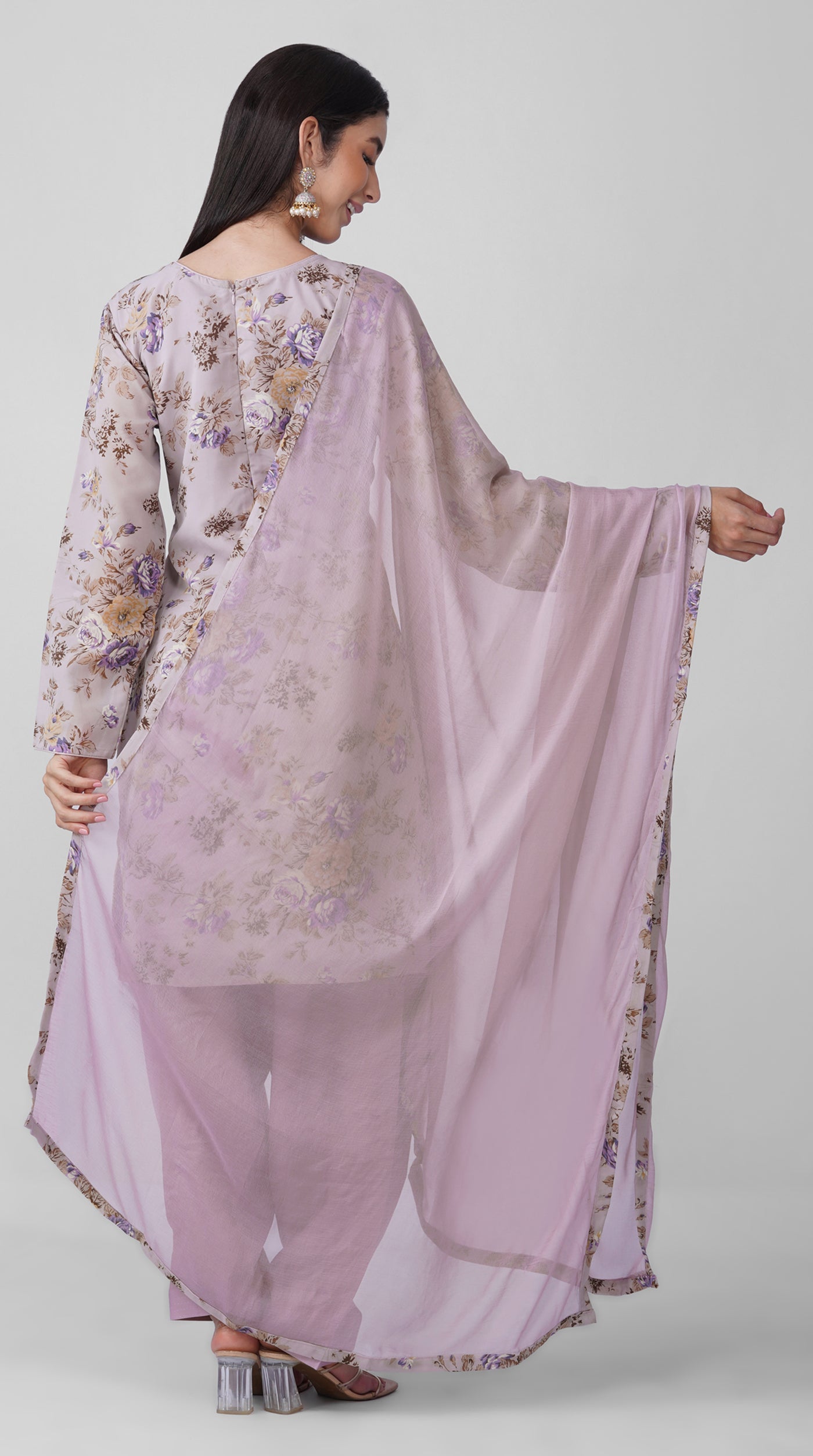 Lilac Meadow Floral Printed Georgette Suit Set with Chiffon Dupatta